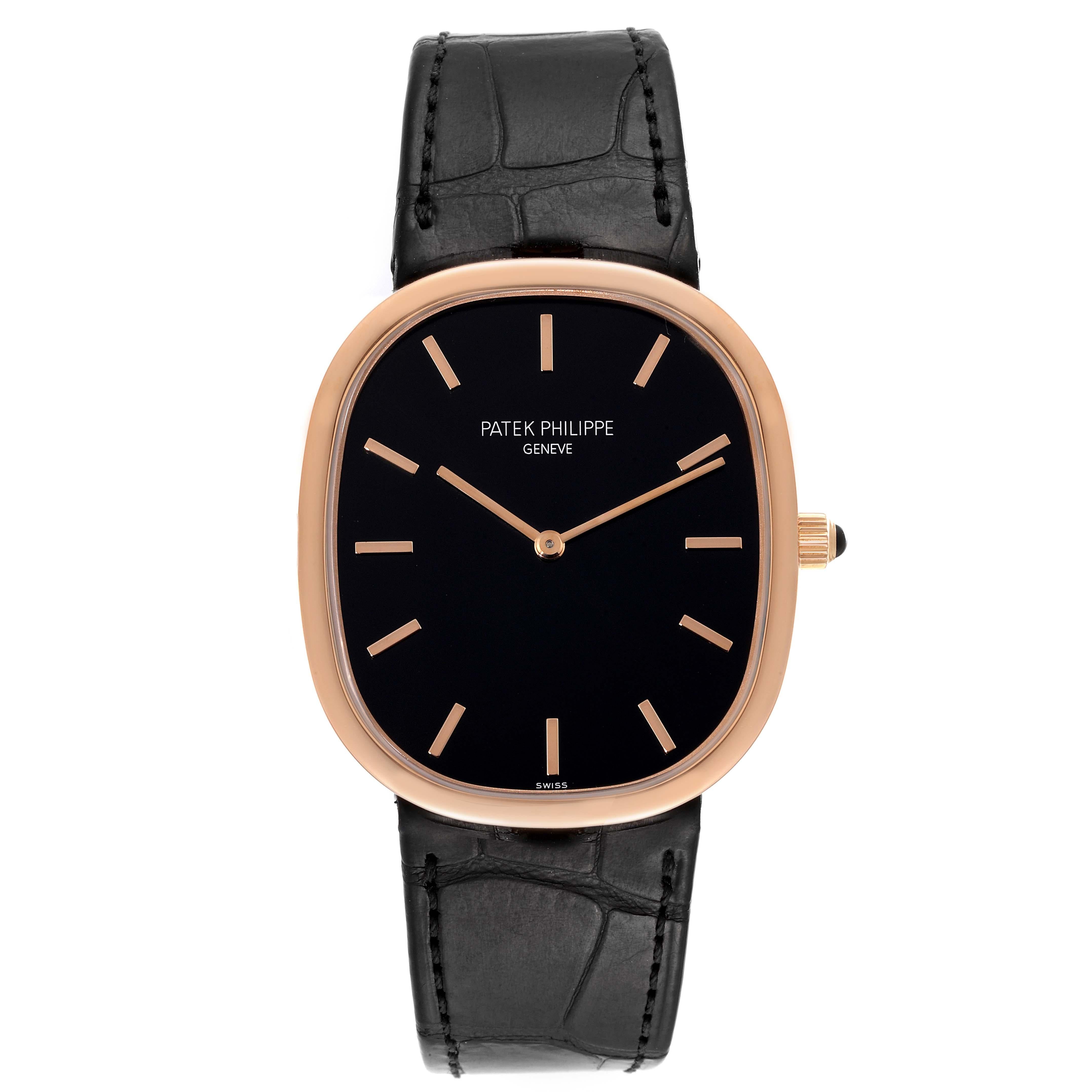 Patek Philippe Golden Ellipse Grande Taille Rose Gold Mens Watch 5738 Papers. Automatic self-winding lever movement. 18k rose gold ultra-thin case 34.5 x 39.5 mm. T-bar lugs. Crown set with an onyx. . Scratch resistant sapphire crystal. Ebony black
