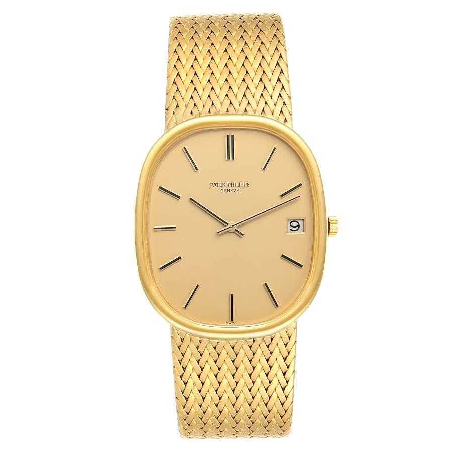 Patek Philippe Golden Ellipse Jumbo 18k Yellow Gold Mens Watch 3605. Automatic self-winding movement. 18k yellow gold case 38.0 mm x 33.0 mm. . Scratch resistant sapphire crystal. Champagne dial with raised gold baton hour markers and baton hands.