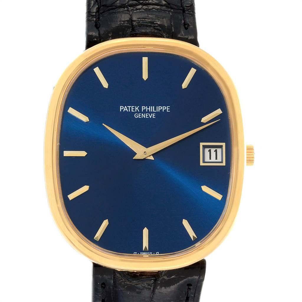 Patek Philippe Golden Ellipse Jumbo Yellow Gold Blue Dial Mens Watch 3605. Automatic self-winding movement. 18k yellow gold ultra-thin case 38.0 mm x 33.0 mm. Scratch resistant sapphire crystal. Blue sunburst dial with raised gold buton hour markers