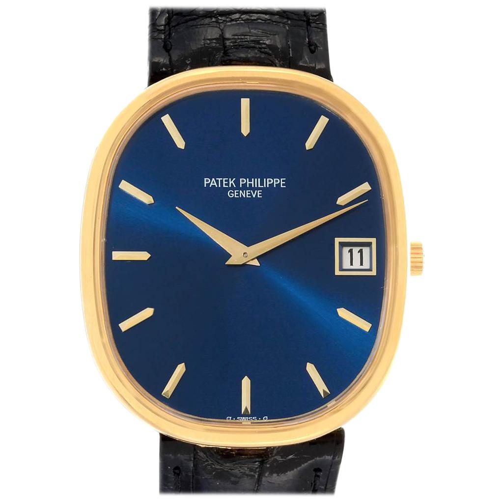 Patek Philippe Golden Ellipse Jumbo Yellow Gold Blue Dial Men's Watch 3605 For Sale