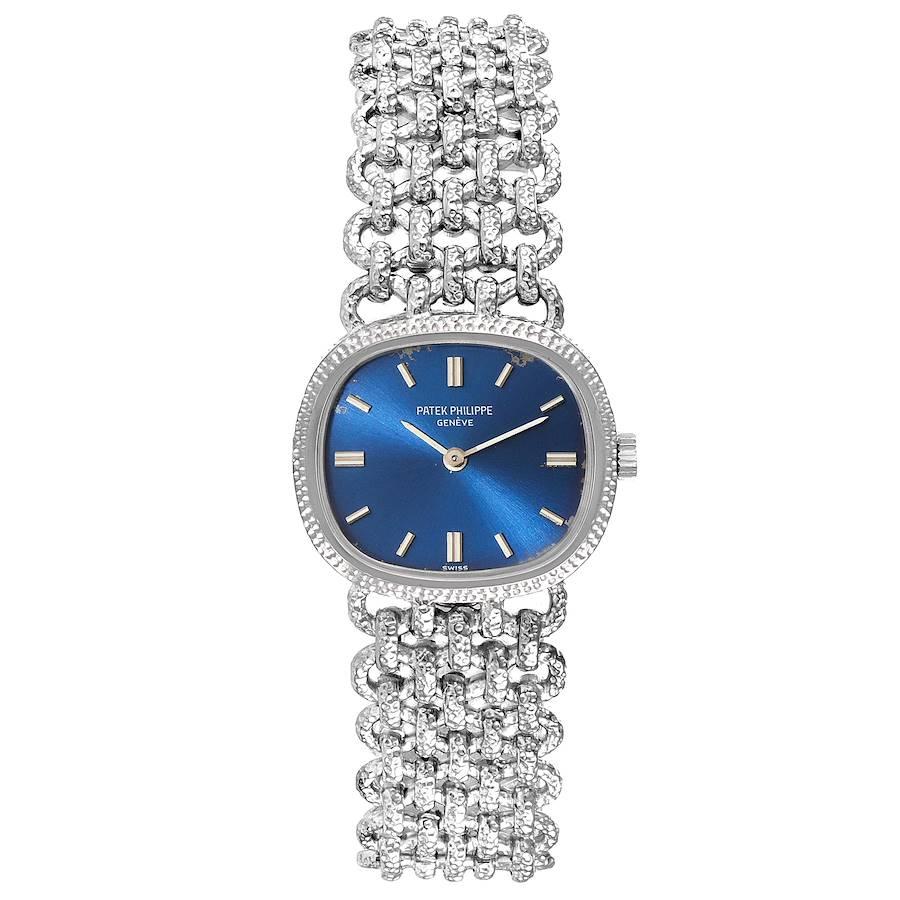 Patek Philippe Golden Ellipse White Gold Blue Dial Ladies Watch 4133. Manual winding movement. 18-jewel Cal.16-250 manual wind, adjusted to heat, cold, isochronism and 5 positions. 18k white gold oval case 22.0 mm x 20.0 mm. . Scratch resistant