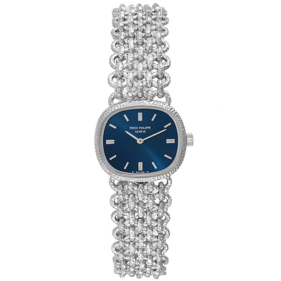 Patek Philippe Golden Ellipse White Gold Blue Dial Ladies Watch 4133. Manual winding movement. 18-jewel Cal.16-250 manual wind, adjusted to heat, cold, isochronism and 5 positions. 18k white gold oval case 22.0 mm x 20.0 mm. . Scratch resistant