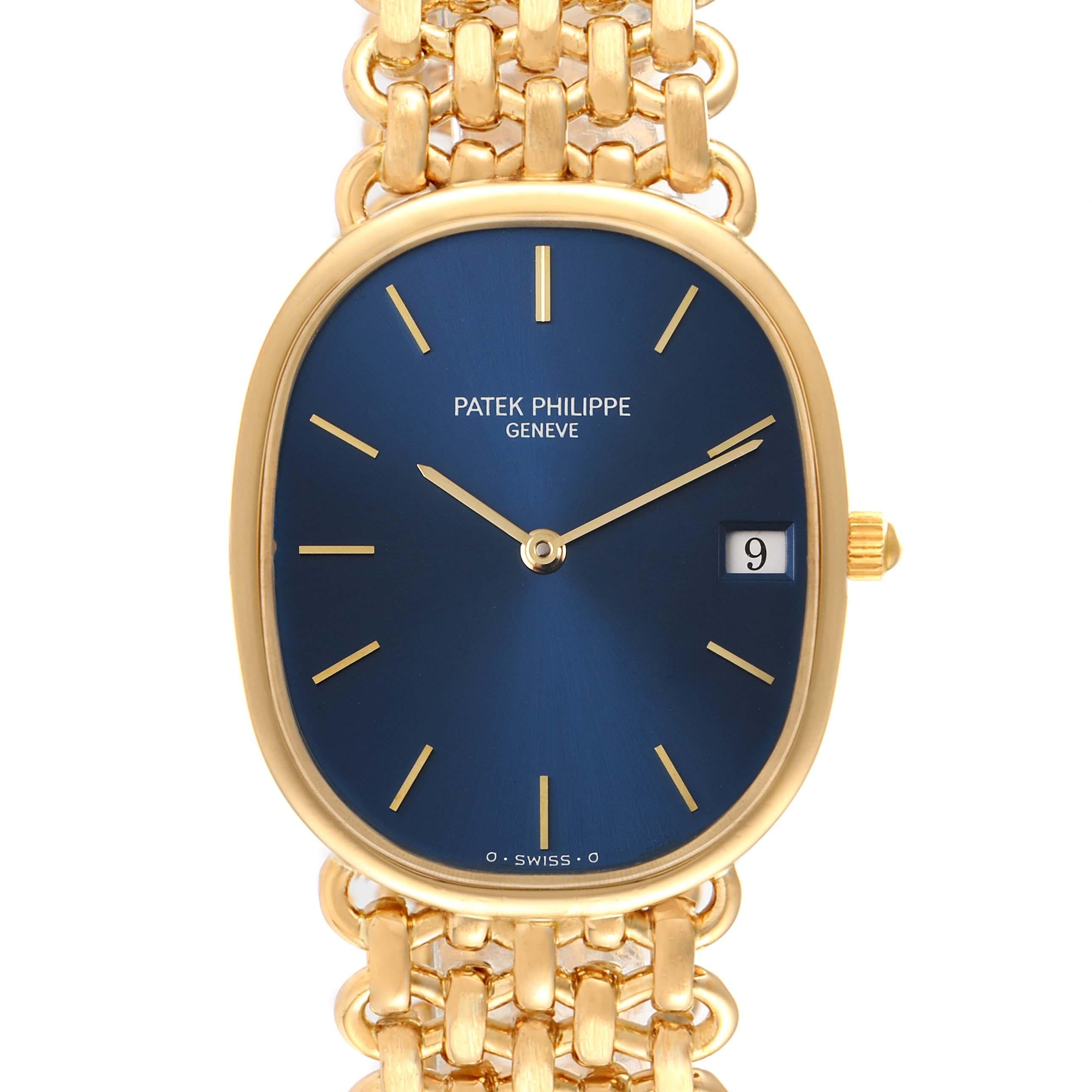 Patek Philippe Golden Ellipse Yellow Gold Blue Dial Ladies Watch 3788. Quartz movement. Ultra-thin 18k yellow gold case 27 x 32 mm. T-bar lugs. . Scratch resistant sapphire crystal. Blue dial with raised gold baton hour markers. Date window at 3