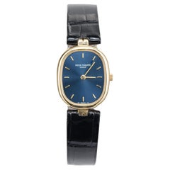 Vintage Patek Philippe Golden Ellipse Yellow Gold Blue Dial Ladies Wristwatch