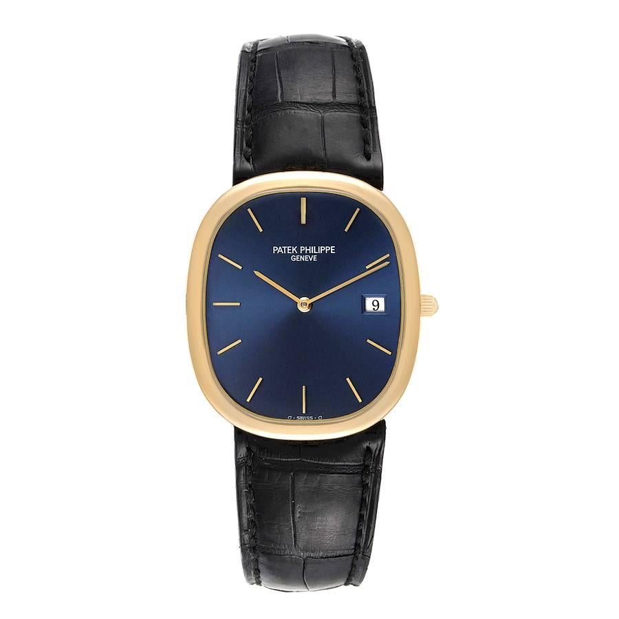Patek Philippe Golden Ellipse Yellow Gold Blue Dial Mens Watch 3747. Quartz movement. 18k yellow gold case 35.0 mm x 31.0 mm. . Scratch resistant sapphire crystal. Navy Blue sunburst dial with raised gold baton hour markers and hands. Date window at