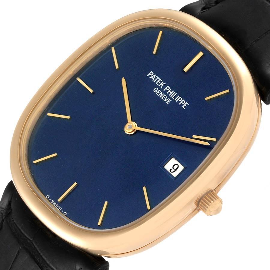Patek Philippe Golden Ellipse Yellow Gold Blue Dial Mens Watch 3747 In Excellent Condition In Atlanta, GA