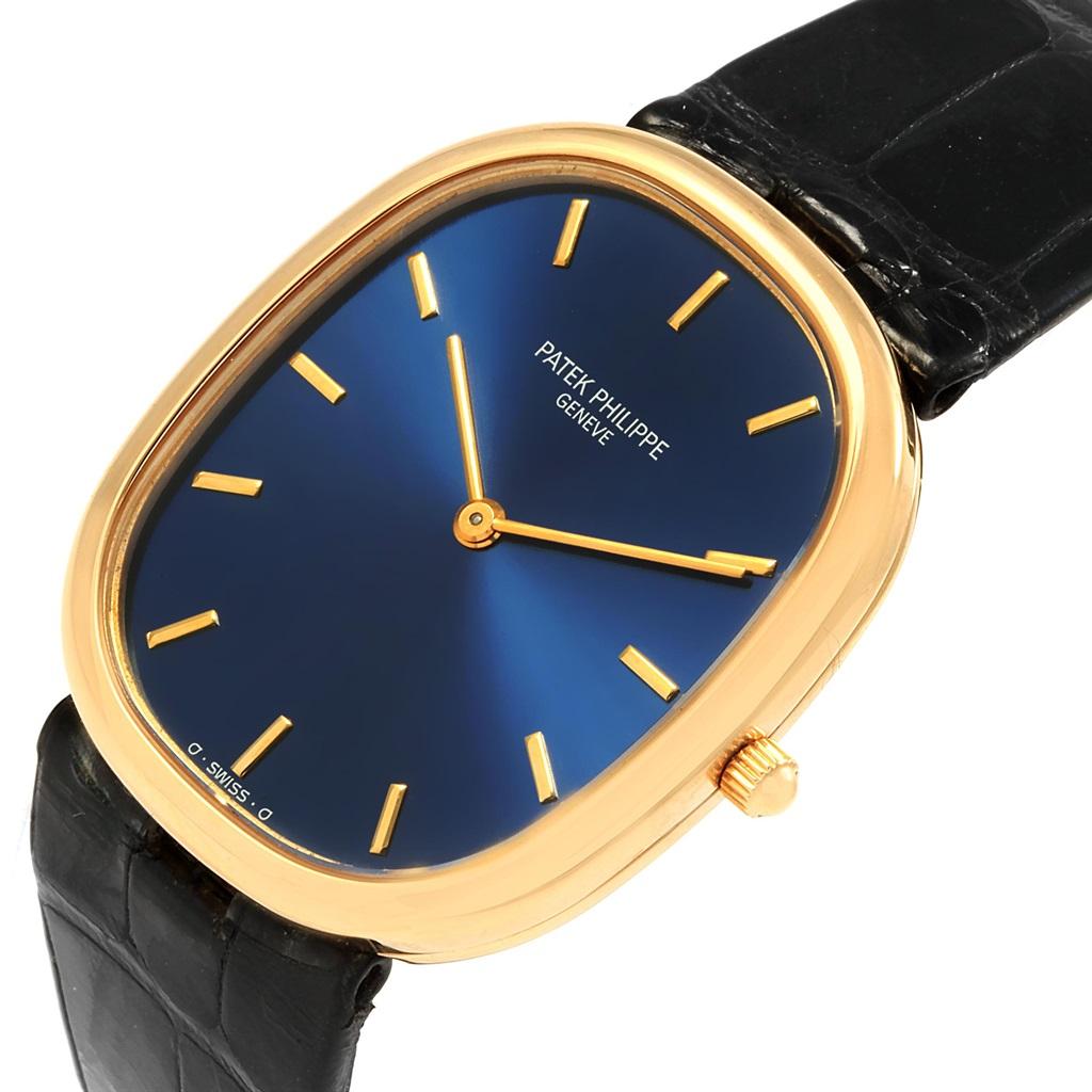Patek Philippe Golden Ellipse Yellow Gold Blue Dial Watch 3738 Box. Automatic self-winding lever movement. Gyromax balance, 22k gold micro-rotor, adjusted heat, cold, isochronism and five positions, Geneva.quality hallmark, fausses cotes decoration.