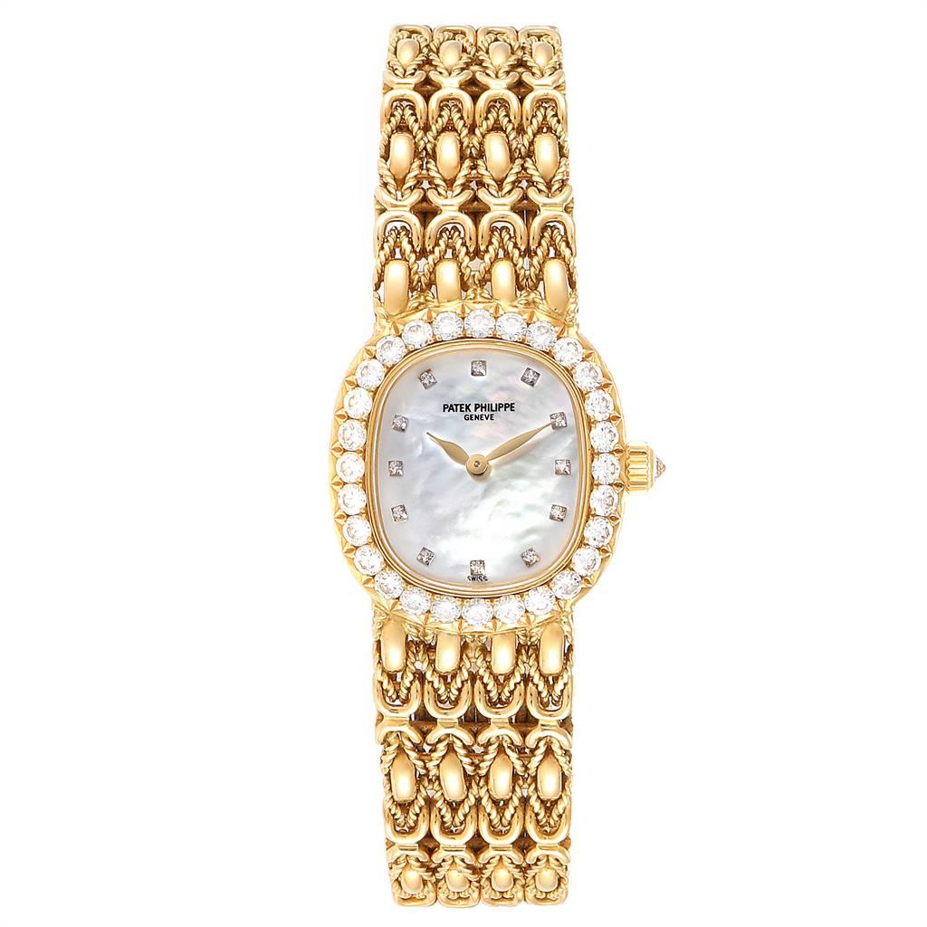 Patek Philippe Golden Ellipse Yellow Gold Diamond Ladies Watch 4931. Quartz movement. 18k yellow gold cushion shape case 27 mm x 24 mm. Thickness 6 mm. Timed to precision on witschi watch expert timing machine. Running strong and keeping the