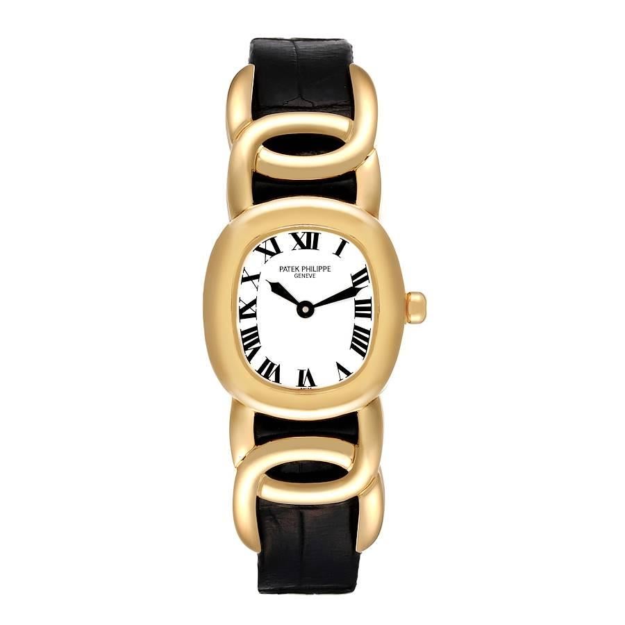 Patek Philippe Golden Ellipse Yellow Gold White Dial Ladies Watch 4830 Papers. Quartz movement. 18k yellow gold intertwined lug case 26 mm x 23 mm. 18k yellow gold bezel. Scratch resistant sapphire crystal. White dial with printed roman numeral hour
