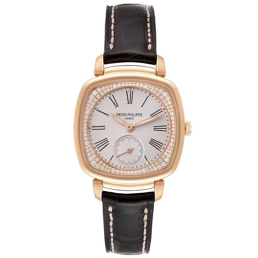 Patek Philippe Gondolo 18k Rose Gold Diamond Ladies Watch 7041. Manual winding movement. 18k rose gold rectangular case 30.0 x 33.8 mm case. Diamond-set inner bezel. 18K rose gold bezel. Scratch resistant sapphire crystal. Silver dial with printed