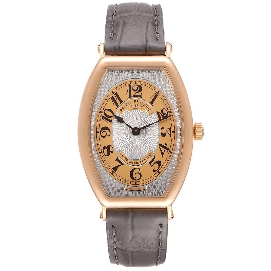 Patek Philippe Gondolo 18k Rose Gold Grey Strap Mens Watch 5098R. Manual winding movement. 18K rose gold tonneau case 42.0 x 32.0 mm. Transparrent exhibition sapphire crystal case back. . Scratch resistant sapphire crystal. Silver and brown