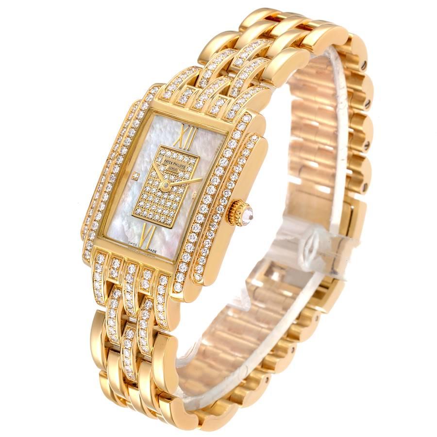 Patek Philippe Gondolo 18k Yellow Gold MOP Diamond Ladies Watch 4825 Papers In Excellent Condition For Sale In Atlanta, GA