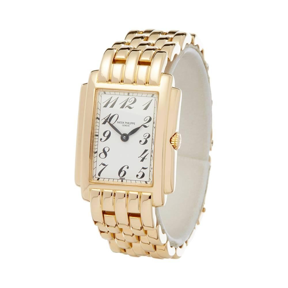 REF: W4490
MANUFACTURE: Patek Philippe
MODEL: Gondolo
MODEL REF: 4824J
AGE: Circa 2000's
GENDER: Women's
BOX & PAPERS: Box Only
DIAL: White Arabic
GLASS: Sapphire Crystal
MOVEMENT: Quartz
WATER RESISTANCY: Not Recommended for Use in Water
CASE