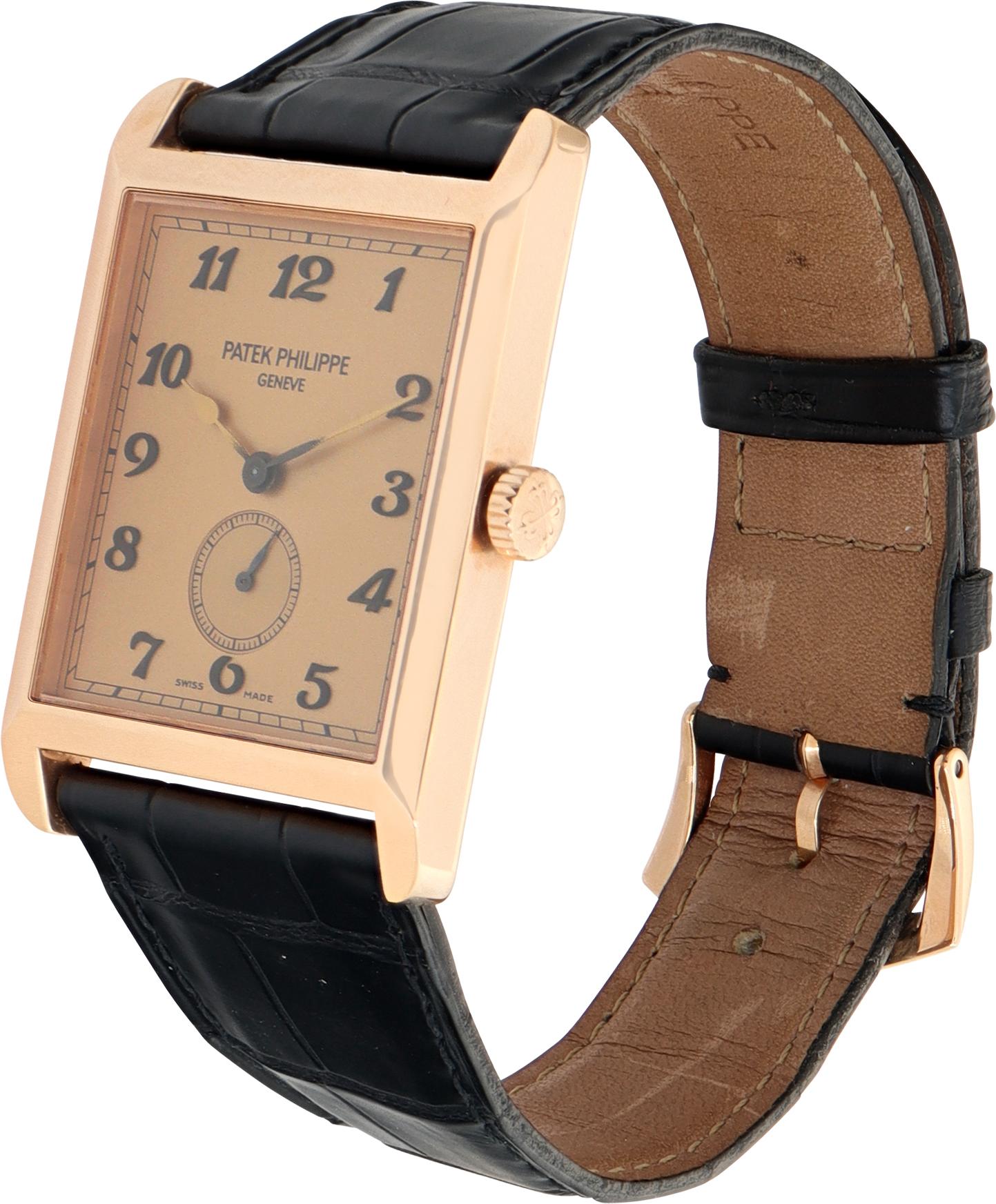 Patek Philippe Gondolo in 18k yellow gold on a black crocodile strap. Manual w/ subseconds. 43 mm length (lug to lug) by 30 mm width case size. Ref 5109. Fine Pre-owned Patek Philippe Watch.

 Certified preowned Dress Patek Philippe Gondolo 5109
