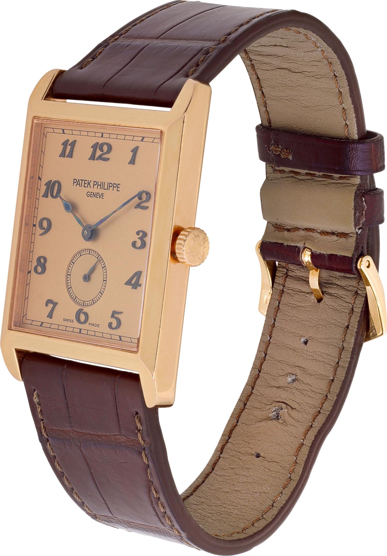 Patek Philippe Gondolo in 18k rose gold on a brown alligator strap with tang buckle. Manual w/ subseconds. 43mm length (lug to lug) by 30 mm case size. With archive papers. Ref 5109. Circa 2003. Fine Pre-owned Patek Philippe Watch.

 Certified