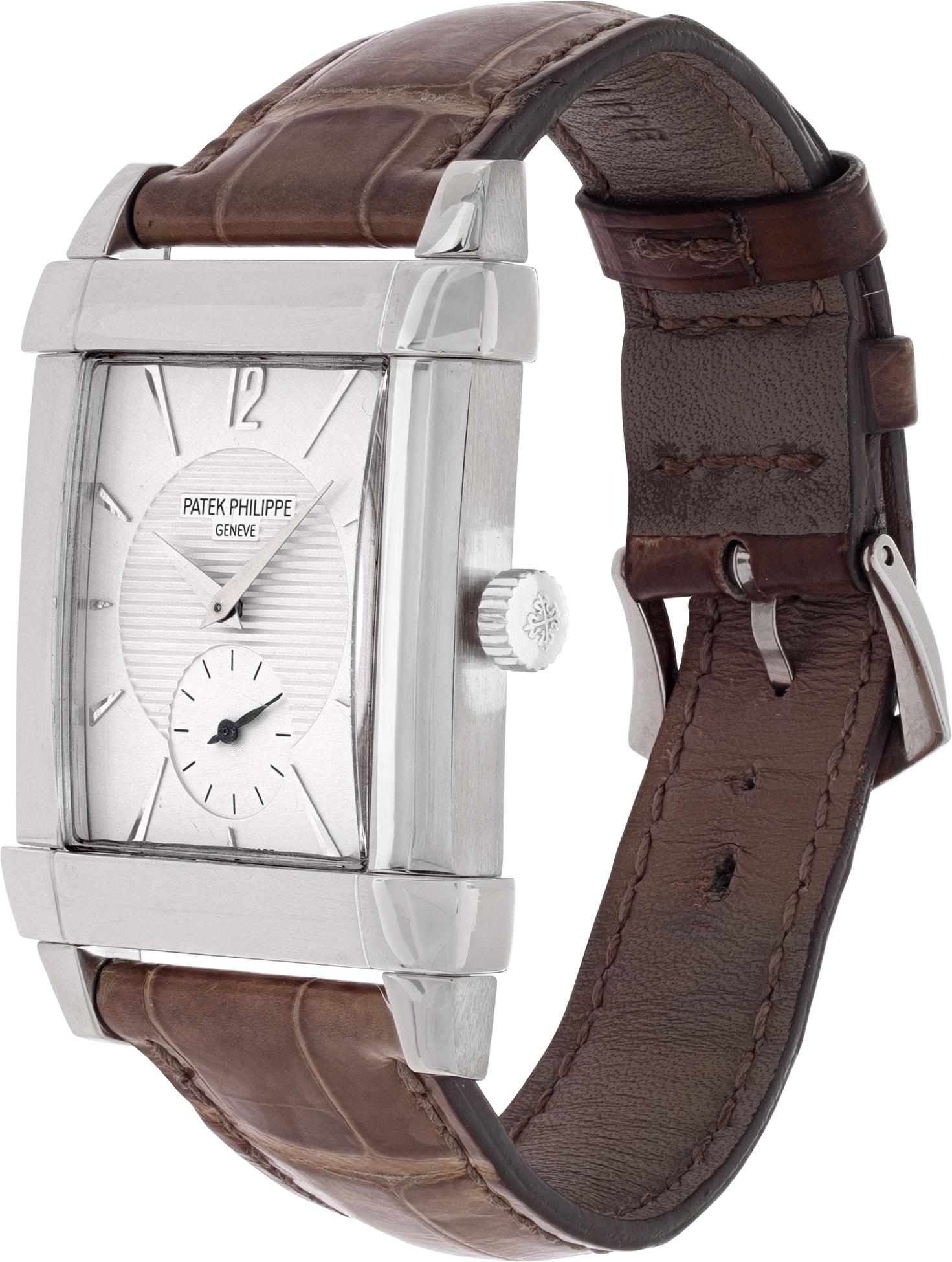 Patek Philippe Gondolo in 18k white gold on alligator strap with PP 18k white gold tang buckle. Manual w/ subseconds. 30 mm case size. Ref 5111G. Circa 2000s. Fine Pre-owned Patek Philippe Watch.

 Certified preowned Dress Patek Philippe Gondolo