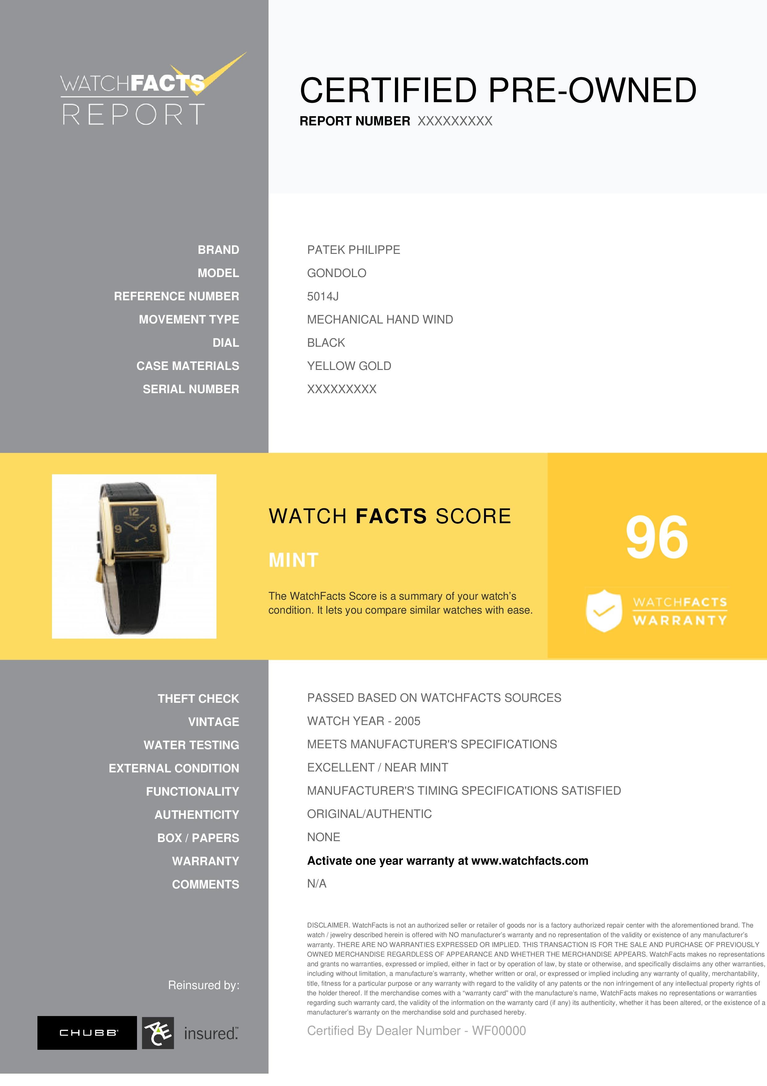 Patek Philippe Gondolo Reference #: 5014J. Mens Mechanical Hand Wind Watch Yellow Gold Black 28 MM. Verified and Certified by WatchFacts. 1 year warranty offered by WatchFacts.
