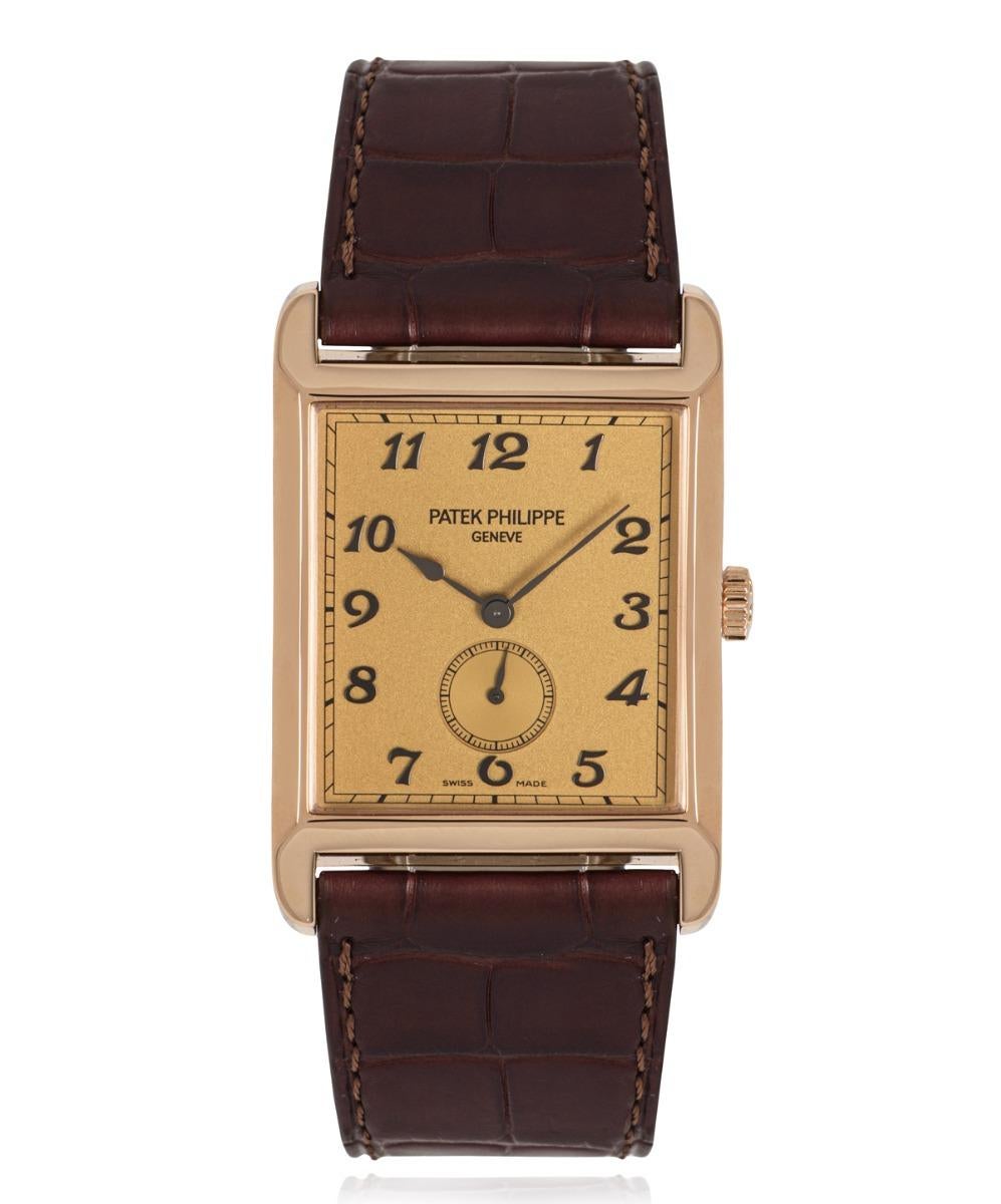 A rose gold Gondolo by Patek Philippe. Features a rose dial with Arabic numbers and small seconds. The brown Patek leather strap comes with an original rose gold pin buckle. Fitted with sapphire crystal and a manual wind movement.

In excellent