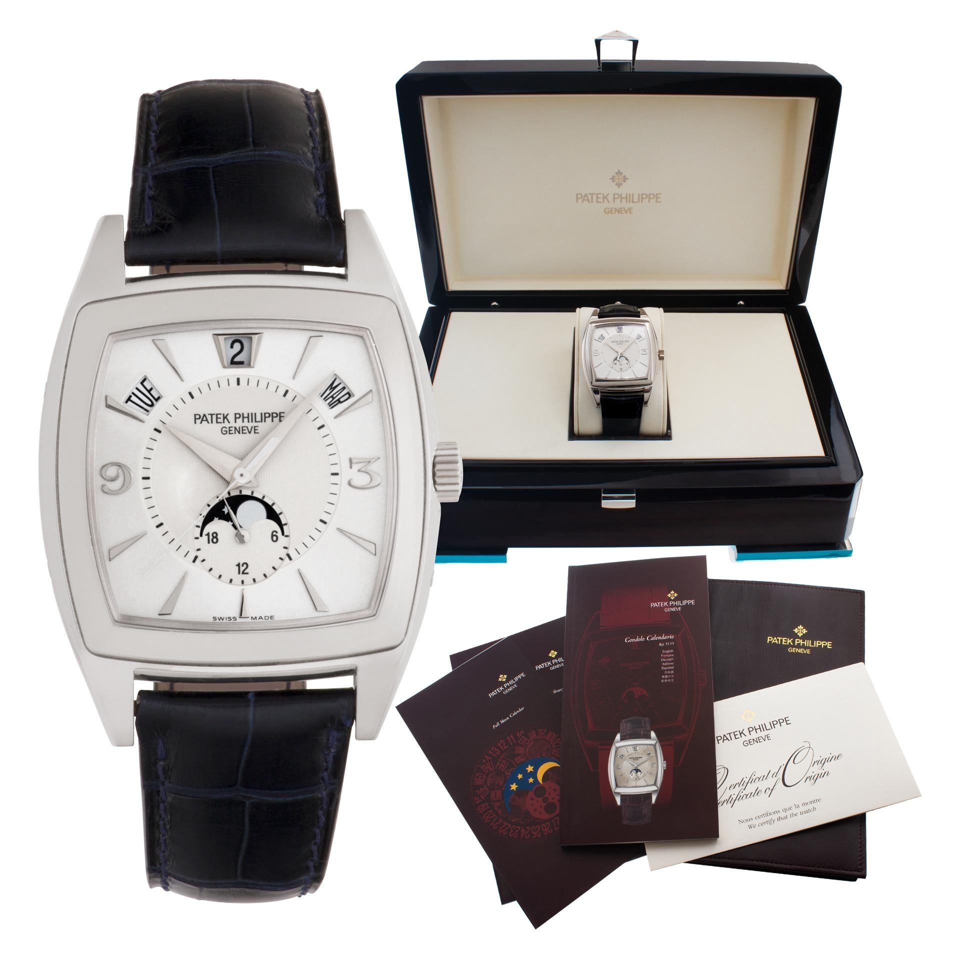 ESTIMATED RETAIL: $46,000.00      YOUR PRICE: $37,750.00

Patek Philippe Gondolo in 18k white gold on an original Patek navy alligator strap with a PP tang buckle. Automatic with sweep seconds, date, day and month. 38 x 39 mm case size. With