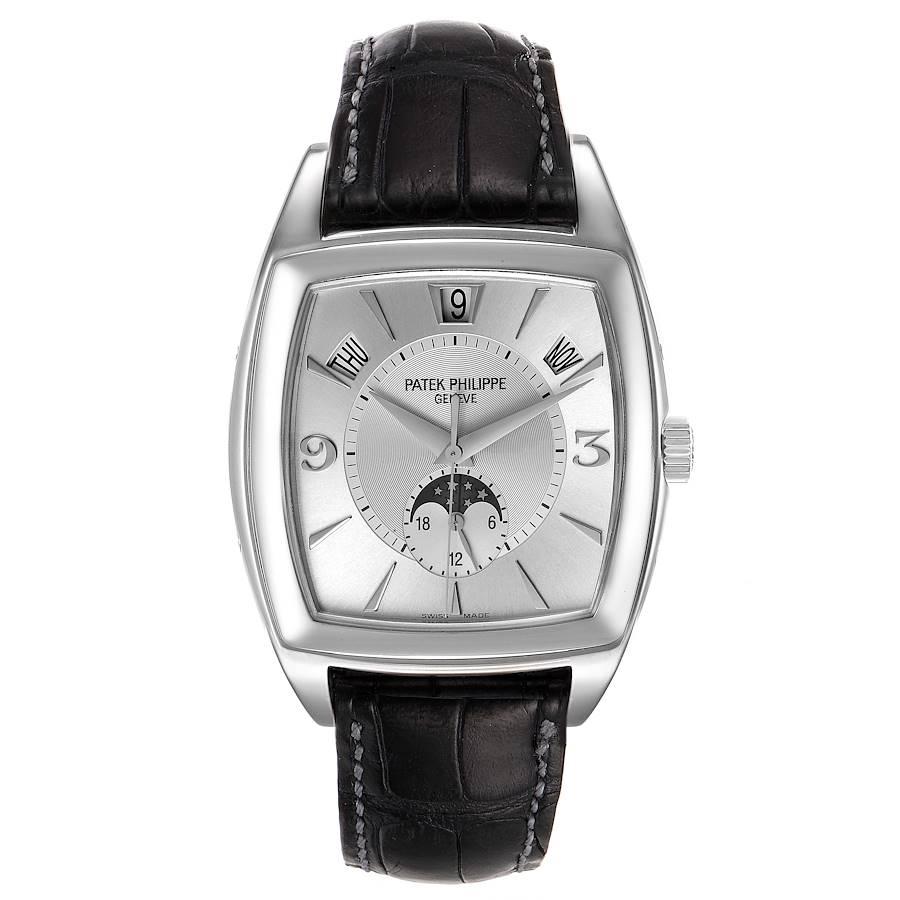 Patek Philippe Gondolo Annual Calendar Moonphase White Gold Watch 5135. Automatic movement. Functions: annual calendar, date, day, month, moon phases and a.m./p.m. 18K white gold tonneau case 51.0 x 38.0 mm. Transparent case back. . Scratch
