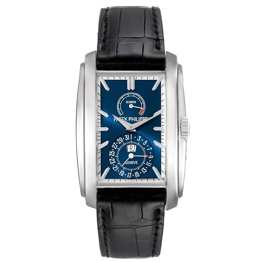 Patek Philippe Gondolo Day Date White Gold Blue Dial Mens Watch 5200. Manual winding movement. 18K white gold rectangular case 46.9 mm x 32.4 mm. Transparent exhibition display case back. . Scratch resistant sapphire crystal. Blue sunburst dial with