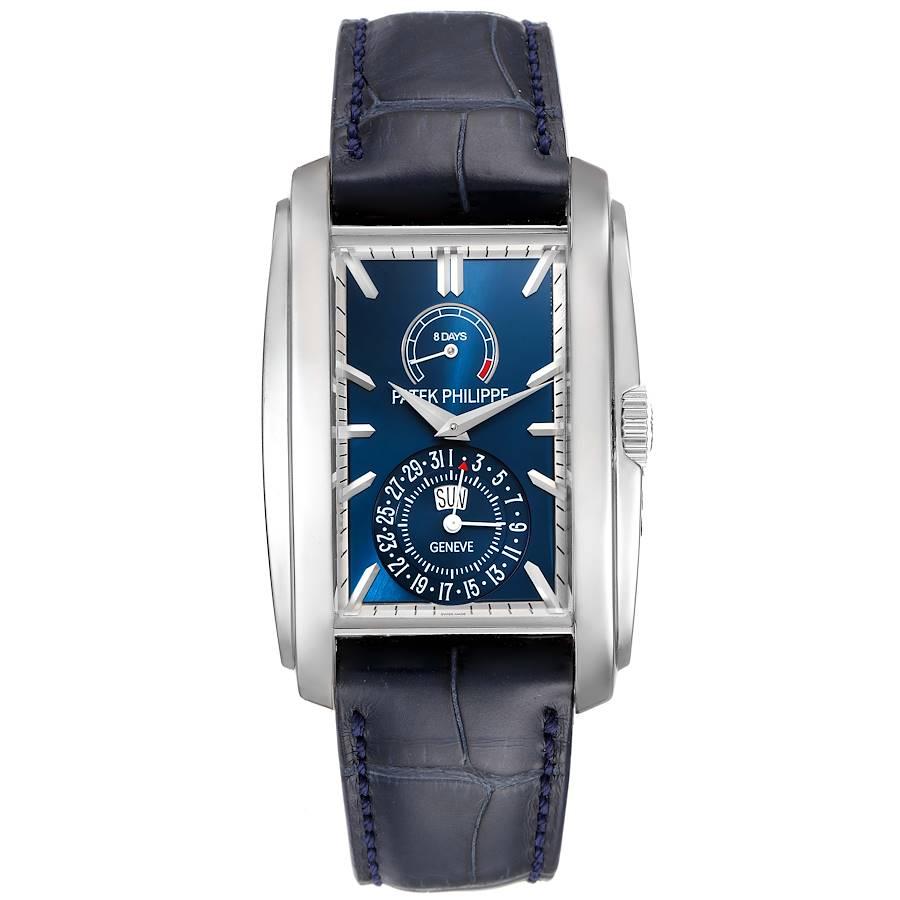 Patek Philippe Gondolo Day Date White Gold Blue Dial Mens Watch 5200. Manual winding movement. 18K white gold rectangular case 46.9 mm x 32.4 mm. Transparent exhibition display case back. . Scratch resistant sapphire crystal. Blue sunburst dial with