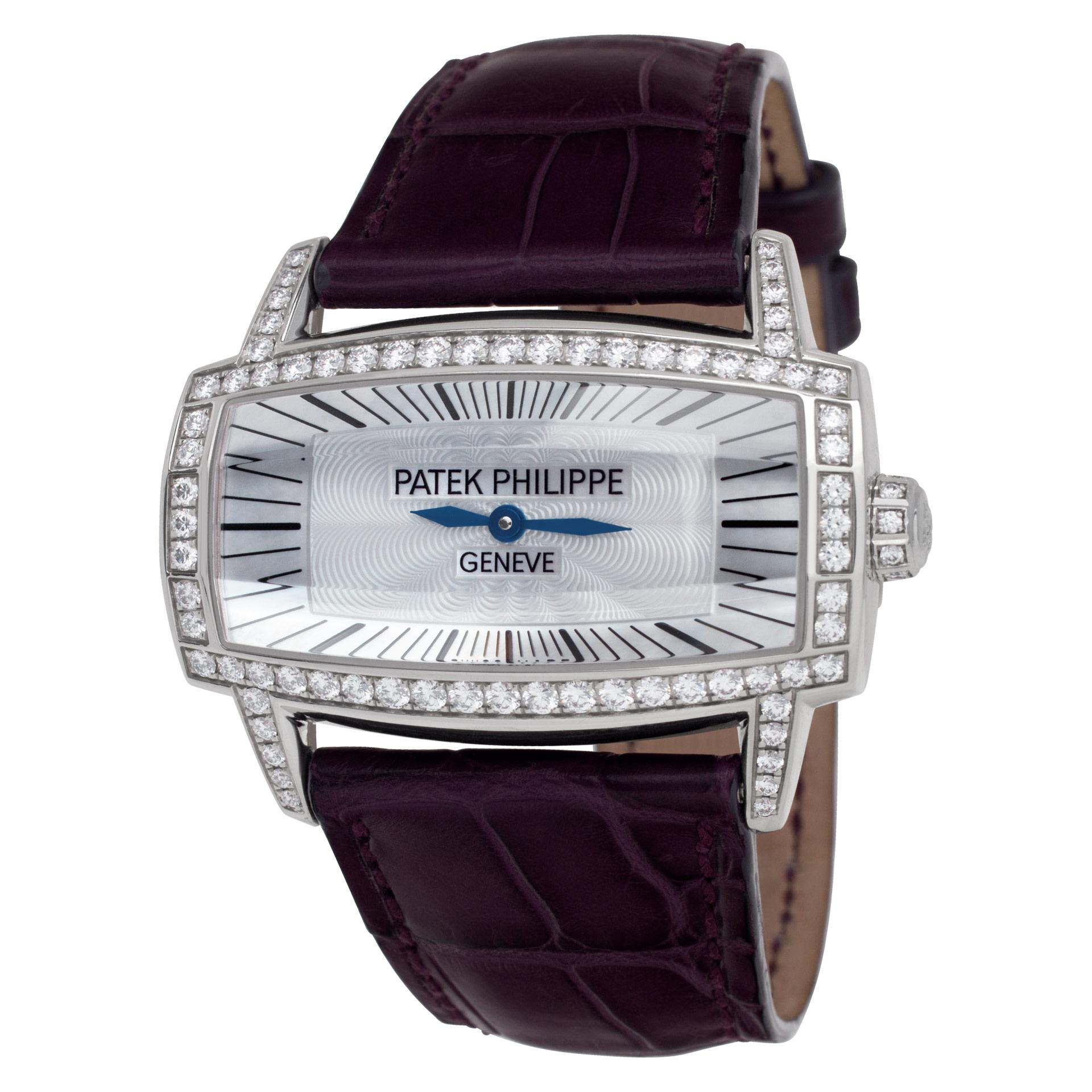 Elegant Patek Philippe Gondolo Gemma in 18k white gold diamond case and lugs on a leather strap with Patek Philippe 18k tang buckle. Quartz. With papers. 37 mm x 22 mm case size. Ref 4981G-001. Circa 2014. Fine Pre-owned Patek Philippe Watch. 