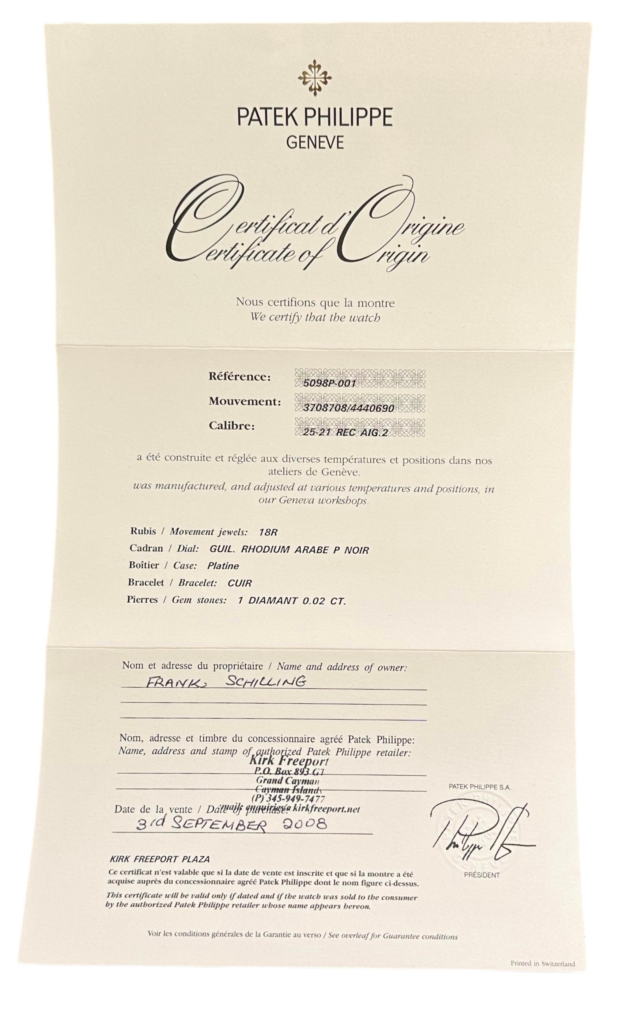 Patek Philippe Gondolo, platino, meccanico, scatola e documenti completi, ref. 5098P in vendita 11
