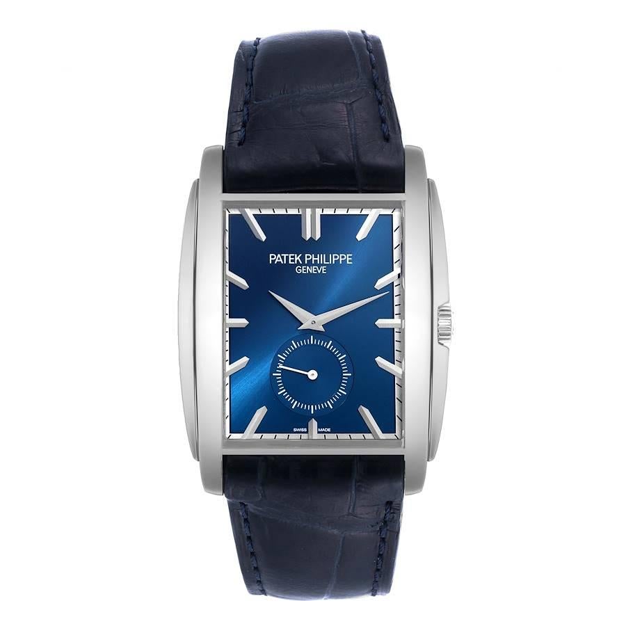 Patek Philippe Gondolo Small Seconds White Gold Blue Dial Mens Watch 5124 Papers. Manual winding movement. 18K white gold rectangular case 43 mm x 33.4 mm. . Scratch resistant sapphire crystal. Blue sunburst dial with raised baton hour markers.