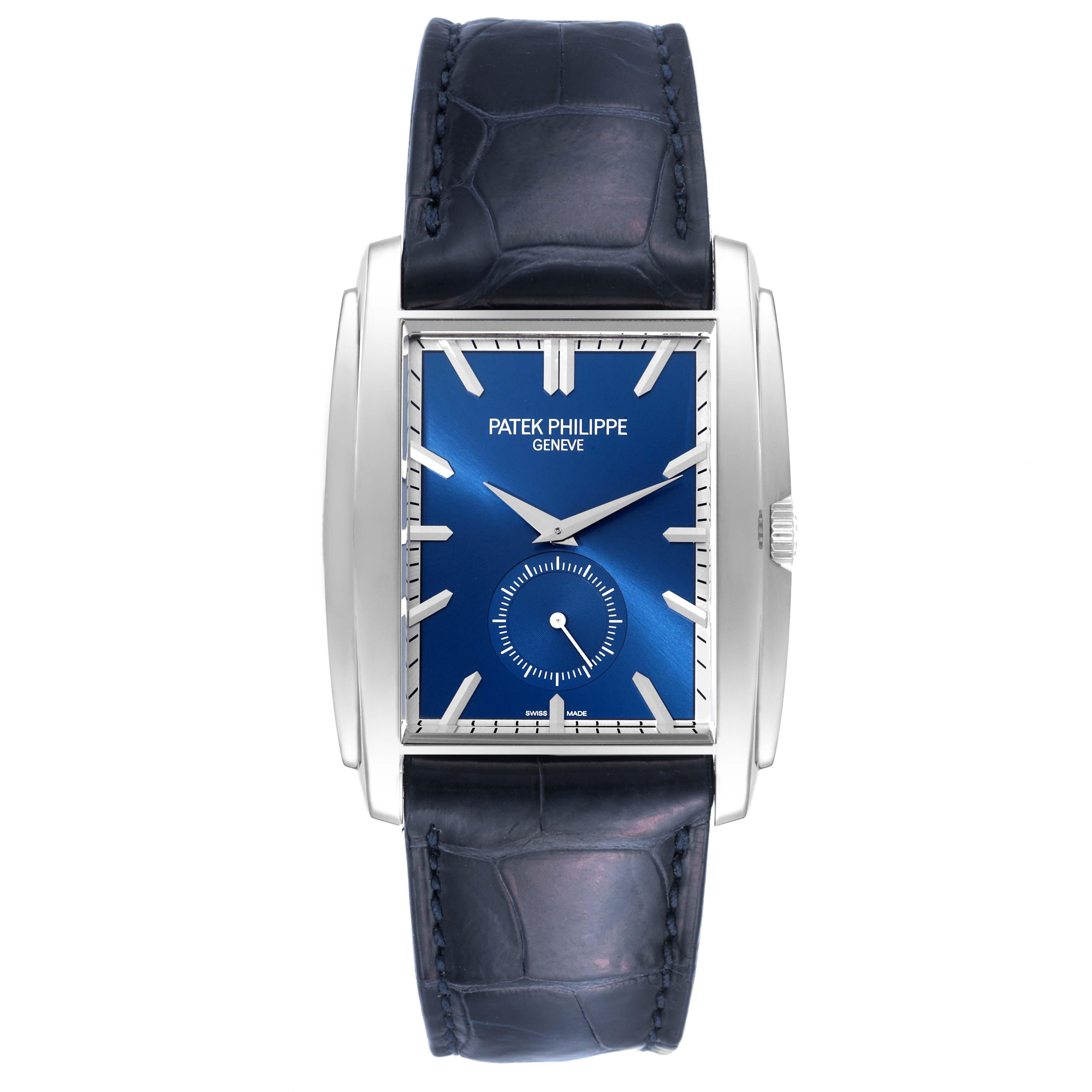 Patek Philippe Gondolo Small Seconds White Gold Blue Dial Mens Watch 5124 Papers. Manual winding movement. 18K white gold rectangular case 43 mm x 33.4 mm. Transparent exhibition sapphire crystal caseback. . Scratch resistant sapphire crystal. Blue