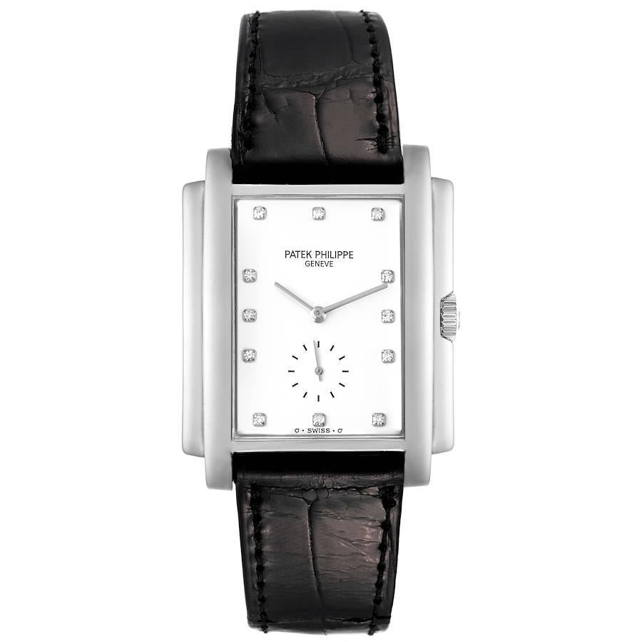 Patek Philippe Gondolo Small Seconds Weißgold Diamant Herrenuhr 5024. Uhrwerk mit Handaufzug. rechteckiges Gehäuse aus 18K Weißgold 30mm x 38mm. . Kratzfestes Saphirglas. Weißes Zifferblatt mit original Patek Werks-Diamantindexen. Kleine