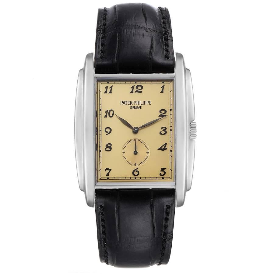 Patek Philippe Gondolo Small Seconds White Gold Mens Watch 5124. Manual winding movement. 18K white gold rectangular case 43 mm x 33.4 mm. . Scratch resistant sapphire crystal. Golden dial with printed Arabic numeral hour markers. Guilloche