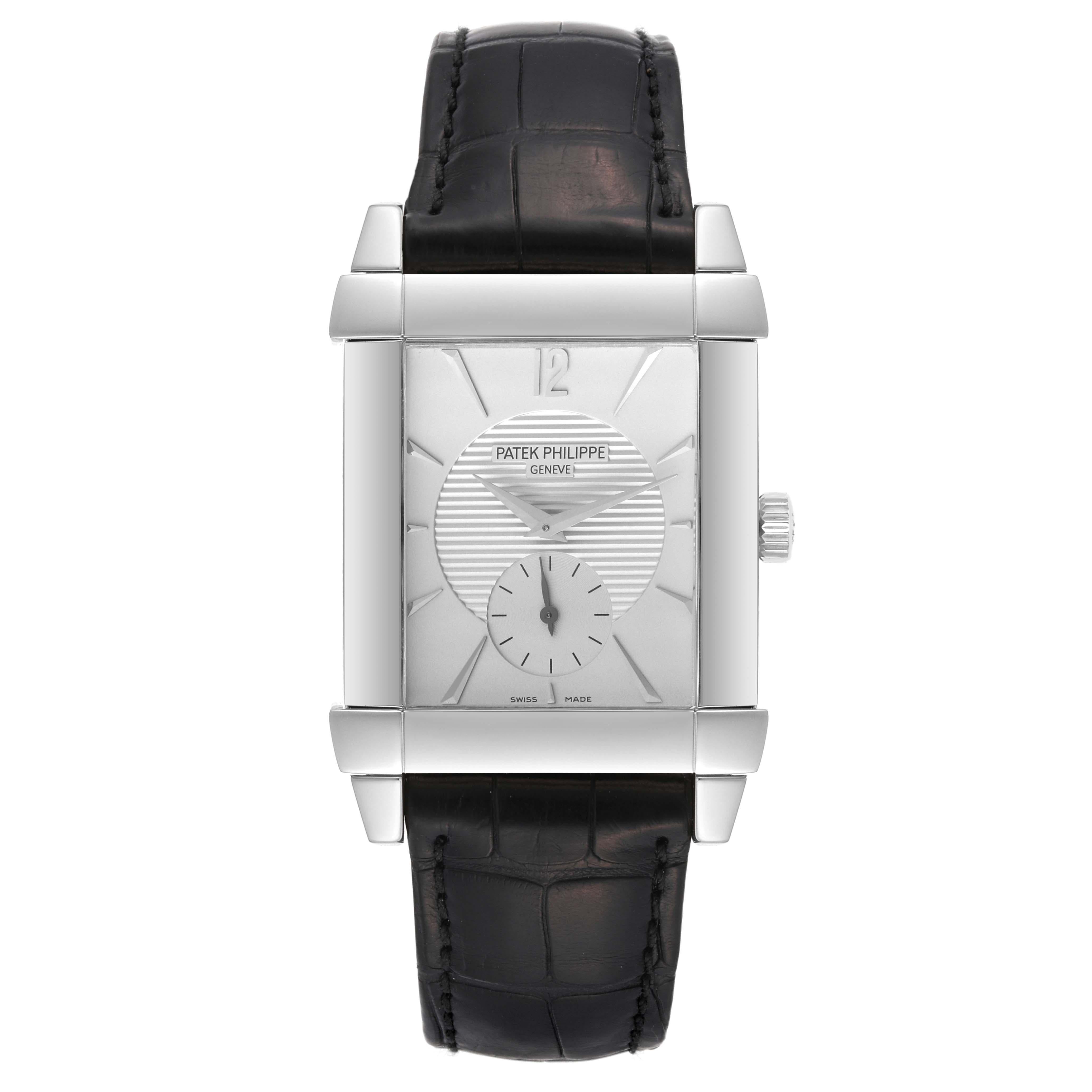 Patek Philippe Gondolo Small Seconds White Gold Silver Dial Mens Watch 5111. Manual winding movement. 18k white gold rectangular case 47.5 mm x 35.5 mm. . Scratch resistant sapphire crystal. Silver dial with raised baton hour markers and an Arabic
