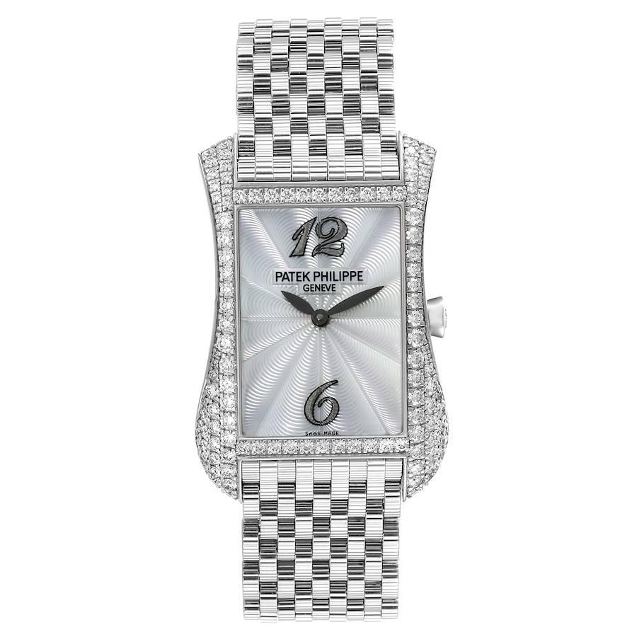 Patek Philippe Gondolo White Gold Mother of Pearl Diamond Ladies Watch 4972. Quartz movement. 18k white gold asymmetrical case 39.5 x 22 mm, set with original Patek Philippe factory diamonds. Original Patek Philippe factory diamond bezel. Scratch