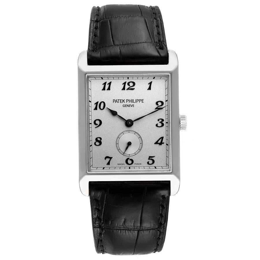 Patek Philippe Gondolo White Gold Silver Dial Mens Watch 5109. Manual winding movement. Caliber 215 PS, stamped with the Geneva seal, 18 jewels. 18K white gold rectangular case 43 mm x 30.0 mm. . Scratch resistant sapphire crystal. Silver dial with