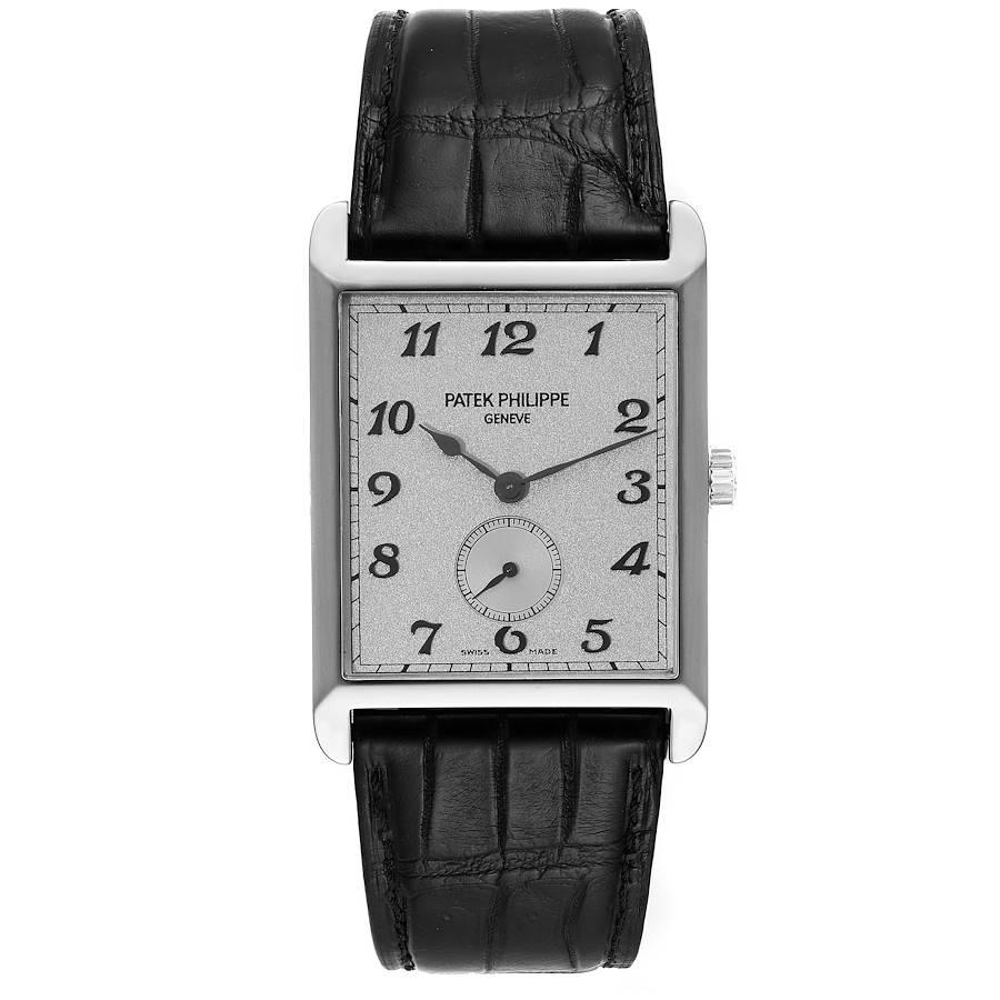 Patek Philippe Gondolo White Gold Silver Dial Mens Watch 5109. Manual winding movement. Caliber 215 PS, stamped with the Geneva seal, 18 jewels. 18K white gold rectangular case 43 mm x 30.0 mm. . Scratch resistant sapphire crystal. Silver dial with