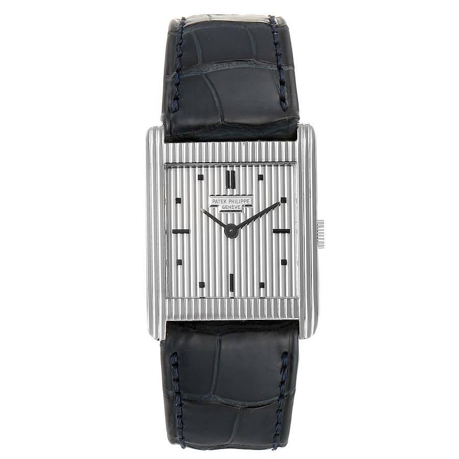 Patek Philippe Gondolo White Gold Silver Dial Vintage Mens Watch 3467. Manual winding movement. Caliber 23-300, 18 jewels. Rhodium plated, fausses c?tes decoration. straight line lever escapement, Gyromax balance adjusted for heat, cold, isochronism