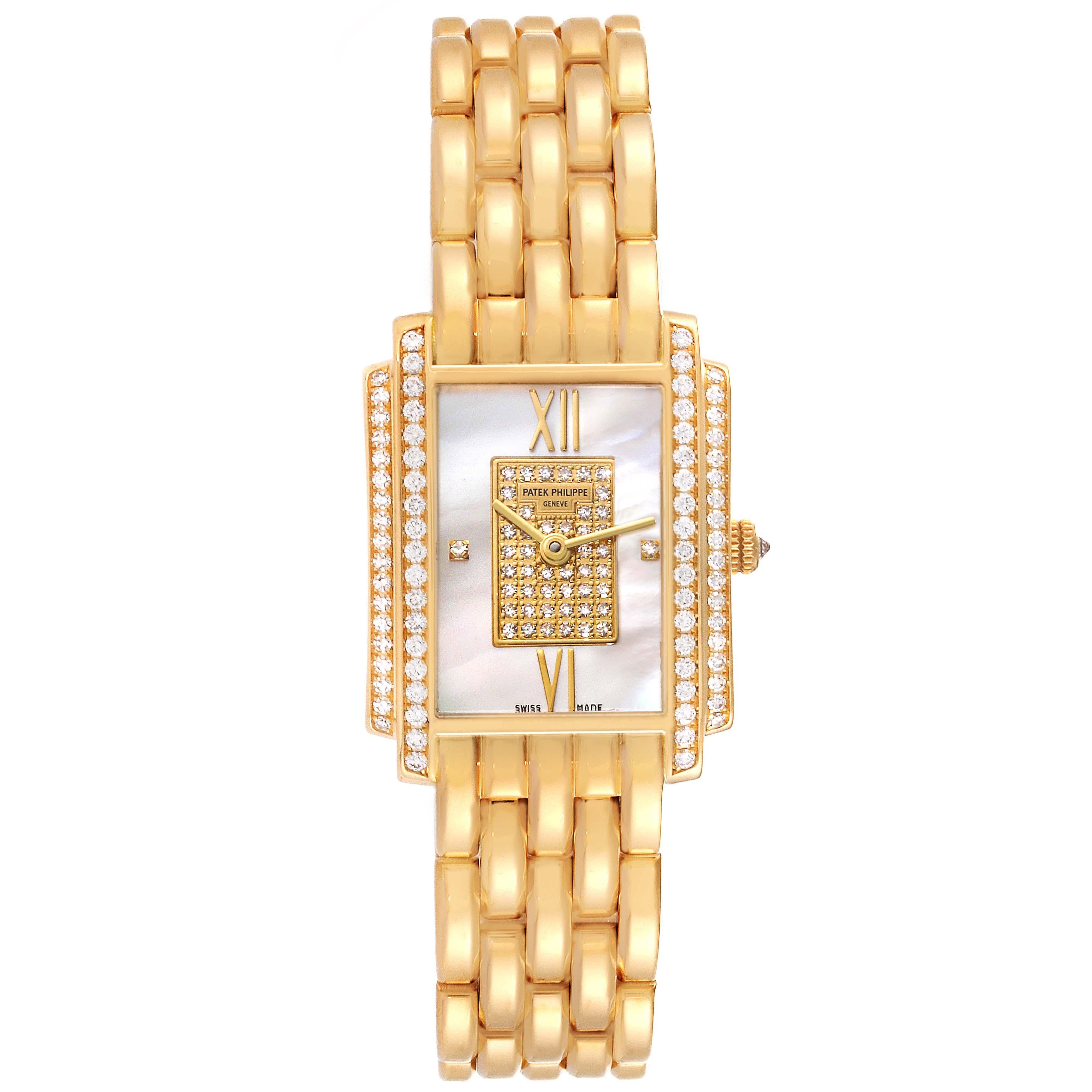 Patek Philippe Gondolo Yellow Gold Mother Of Pearl Diamond Dial Ladies Watch In Excellent Condition For Sale In Atlanta, GA