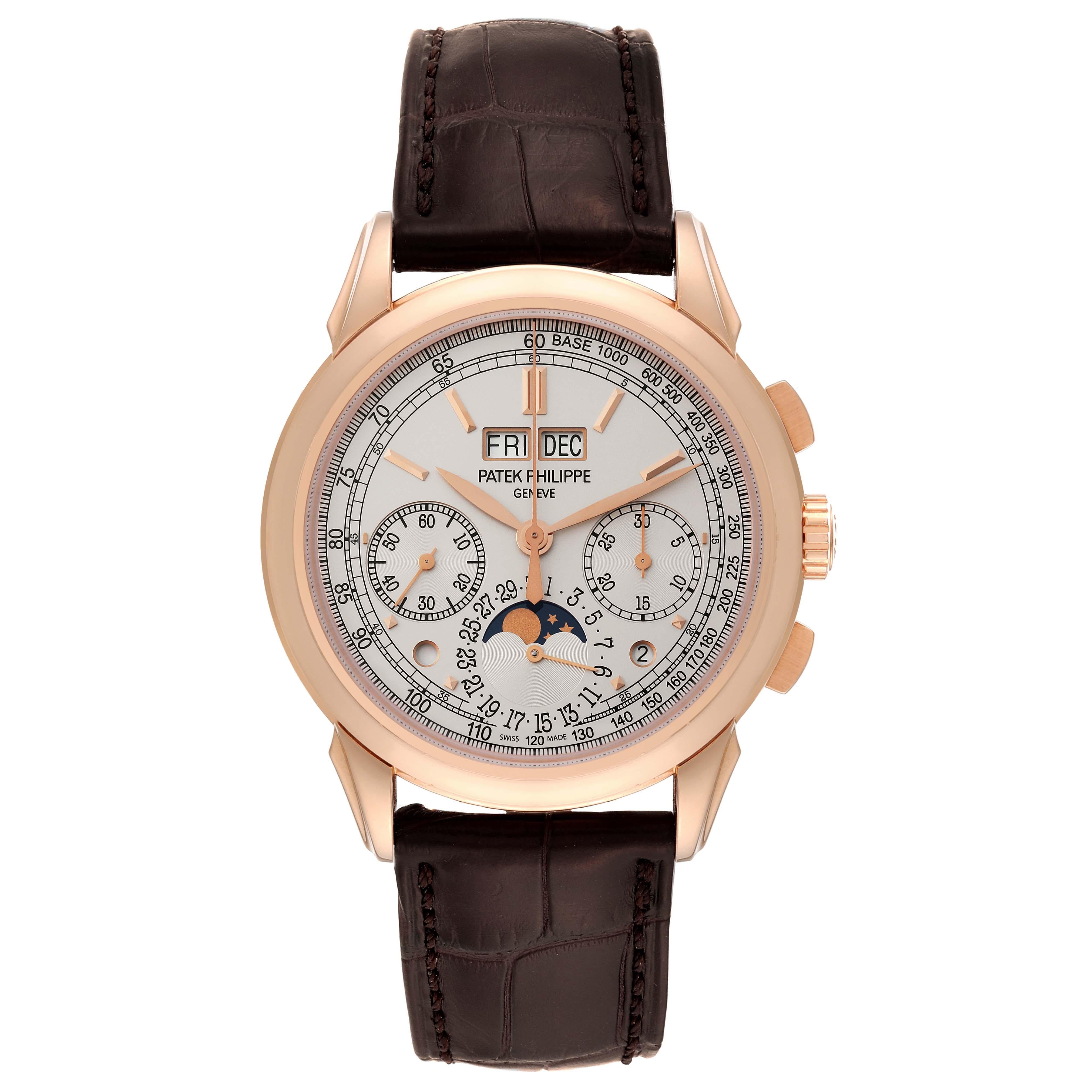 Patek Philippe Grand Complications Perpetual Calendar Rose Gold Watch 5270. Manual-winding movement. 18K rose gold case 41.0 mm in diameter. . Scratch resistant sapphire crystal. Silver dial with applied rose gold hour markers, leaf shaped hands,