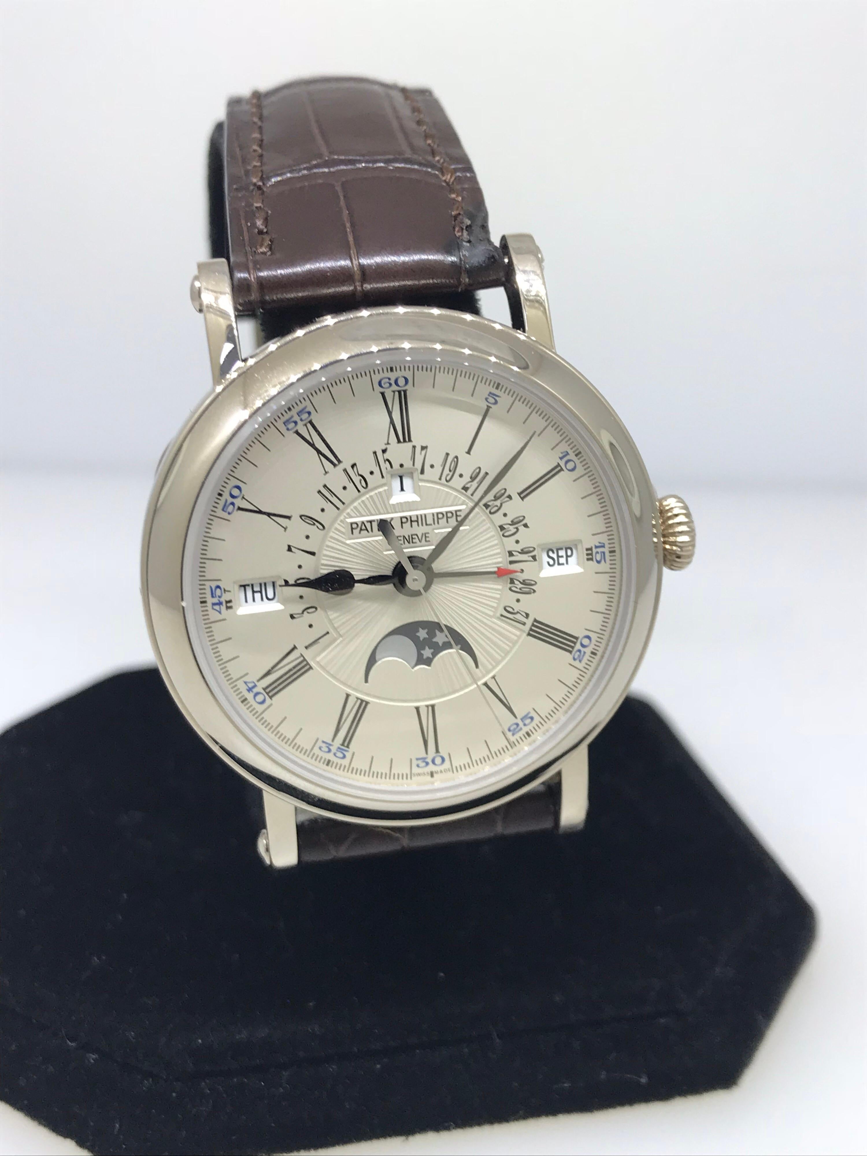 Patek Philippe Grand Complications Perpetual Calendar Men's Watch

Model Number: 5159G-001

100% Authentic

Brand New

Comes with original Patek Philippe Box and Papers, Tag, and Pusher

18 Karat White Gold Case and Buckle

Silver Dial

Case