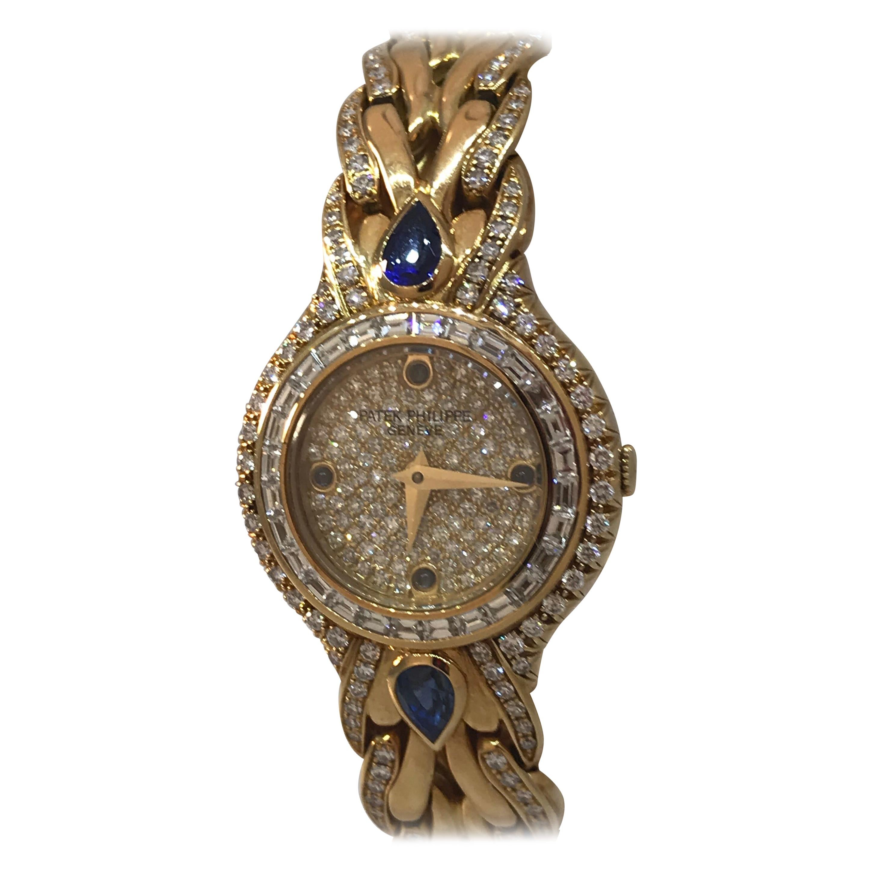 Patek Philippe La Flamme Yellow Gold Pave Diamond and Sapphire Ladies Watch 4808 For Sale