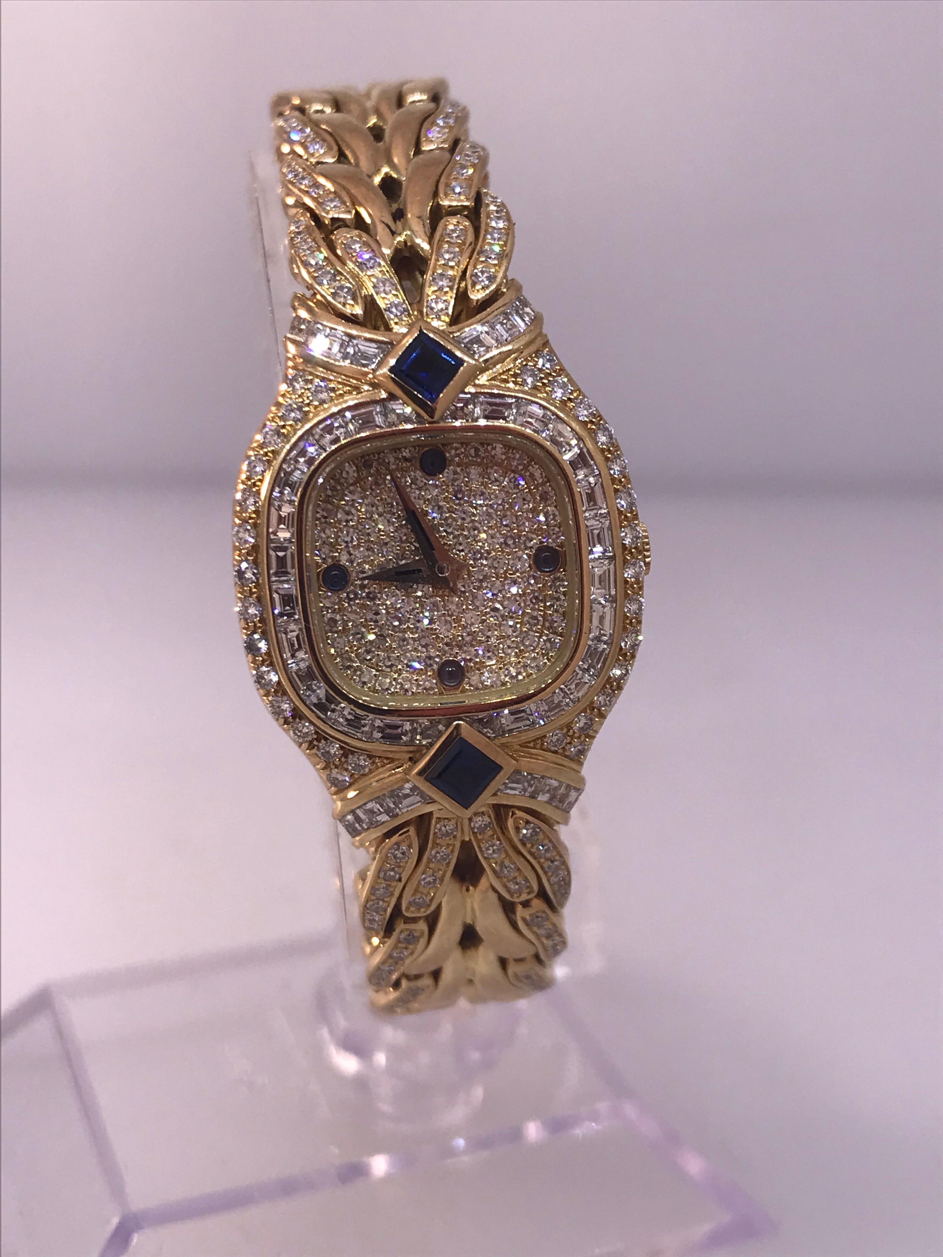 Patek Philippe La Flamme Yellow Gold Pave Diamond and Sapphire Ladies Watch 4808 In Excellent Condition For Sale In New York, NY