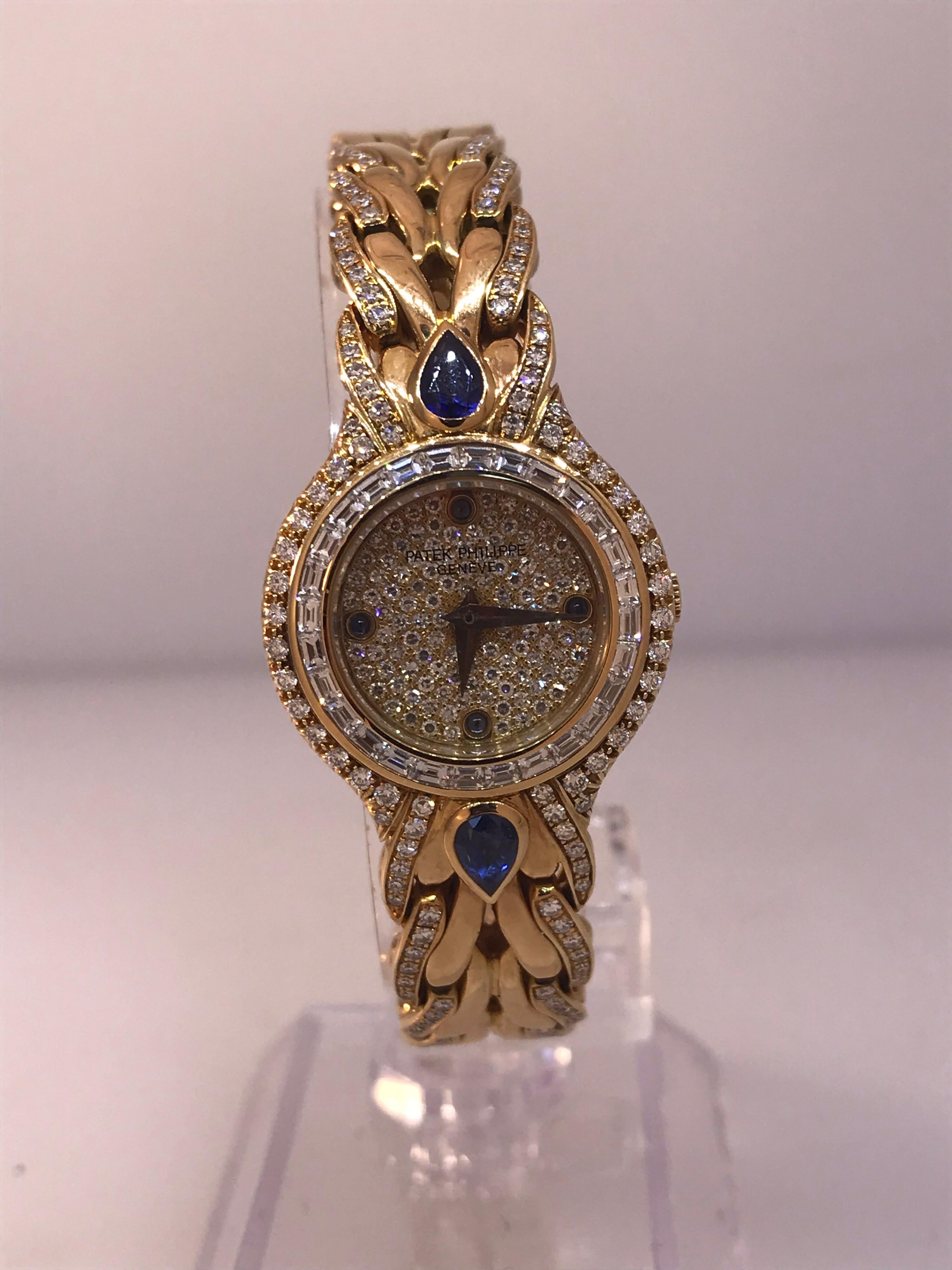 Patek Philippe La Flamme Yellow Gold Pave Diamond and Sapphire Ladies Watch 4808 In Excellent Condition For Sale In New York, NY