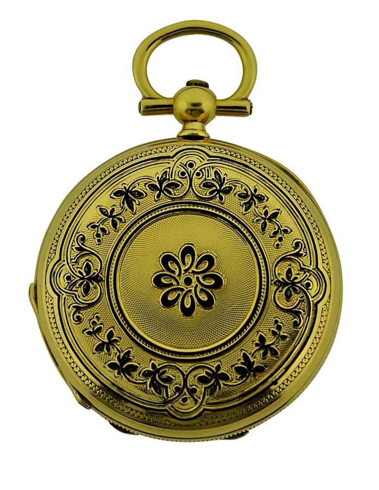 FACTORY / HOUSE: Patek Philippe Et Cie.
STYLE / REFERENCE: Pendant Hunter Case
METAL / MATERIAL: 18Kt. Yellow Gold with Kiln Fired Enamel Detail
CIRCA: 1873
DIMENSIONS: 33mm Diameter
MOVEMENT / CALIBER: Key Winding / Cylindrical Escapement by
