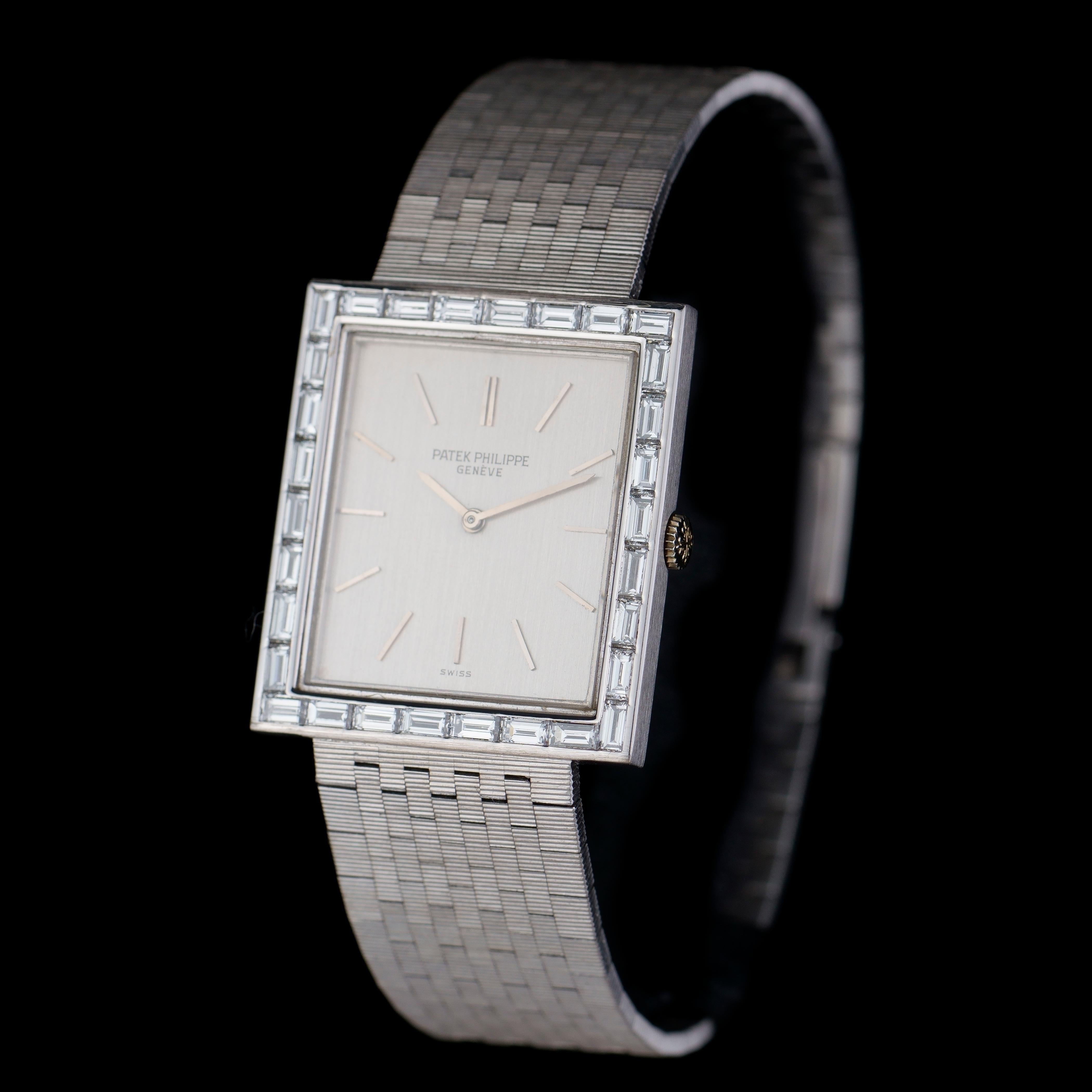 Patek Philippe Ref. 3540/2 full 18kt white gold ladies wristwatch with baguette diamonds on the bezel.
Ref. 3540/2

Video available.

Made in 1980’s
Movement: Manual Winding
Bracelet Length: 18 cm
Glass: Sapphire Crystal

Diamonds -
Cut: