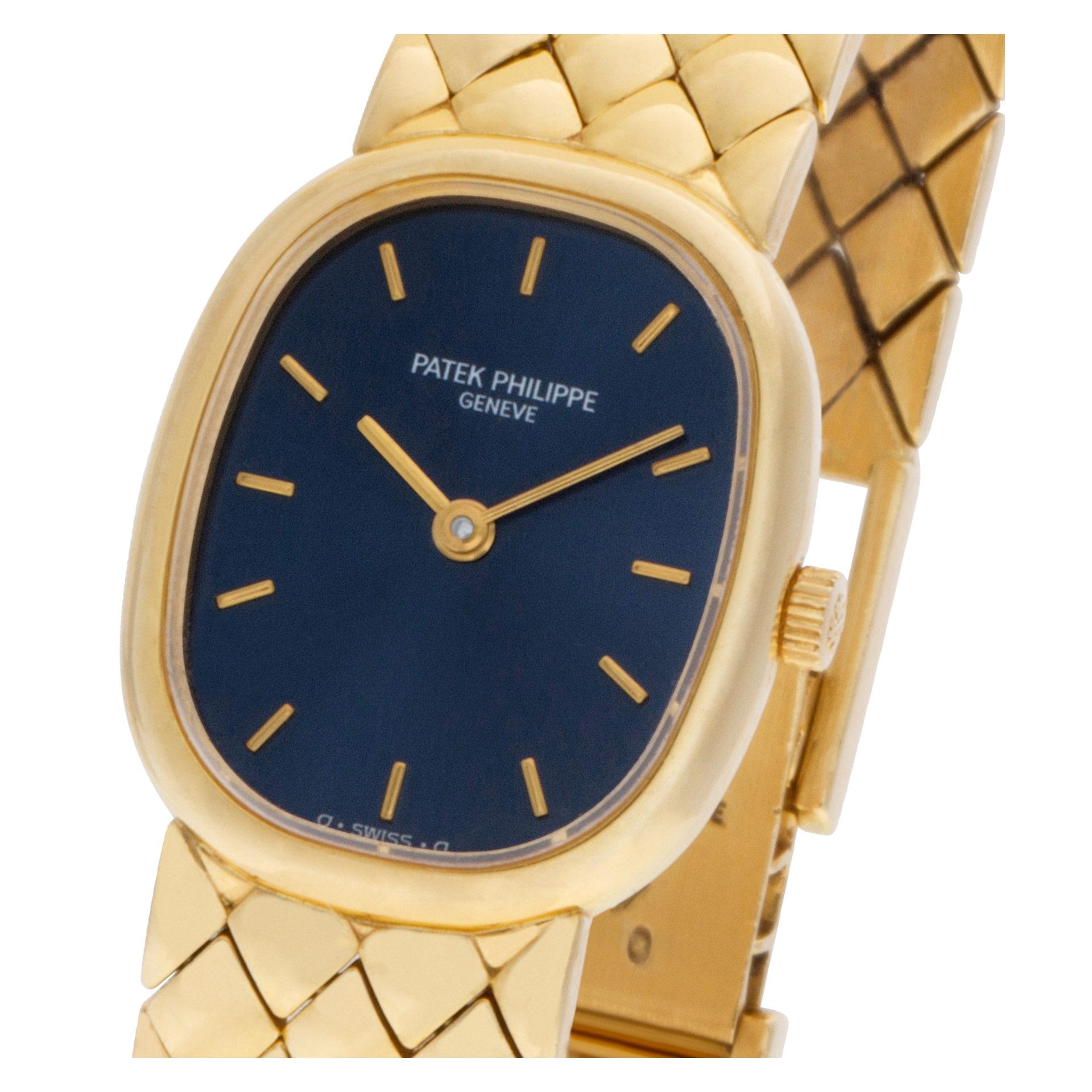  ESTIMATED RETAIL: $14,900     YOUR PRICE: $10,925.00

Ladies Patek Philippe Ellipse blue sunburst dial in 18k yellow gold. Quartz. 19.5 mm case size. With Patek Philippe papers. It will fit up to a 6