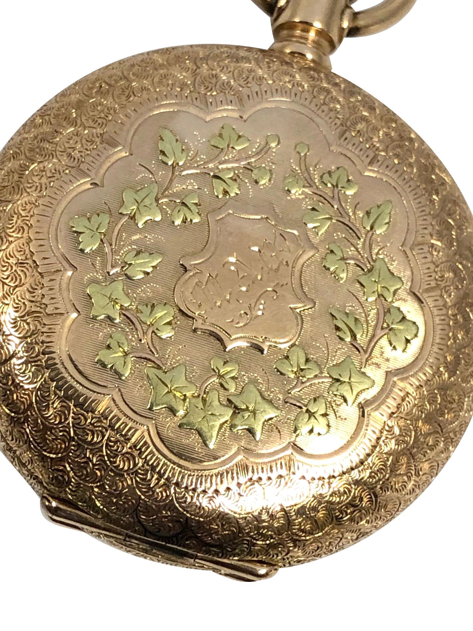 Circa 1880s Patek Philippe for M. Schooler New Orleans Pocket Watch. 38 M.M. 14K Multi Color, applied decorations Hunting case with inside Gold Dust cover Cuvette. 18 Jewel Mechanical, manual wind Nickle lever movement, matching movement and case