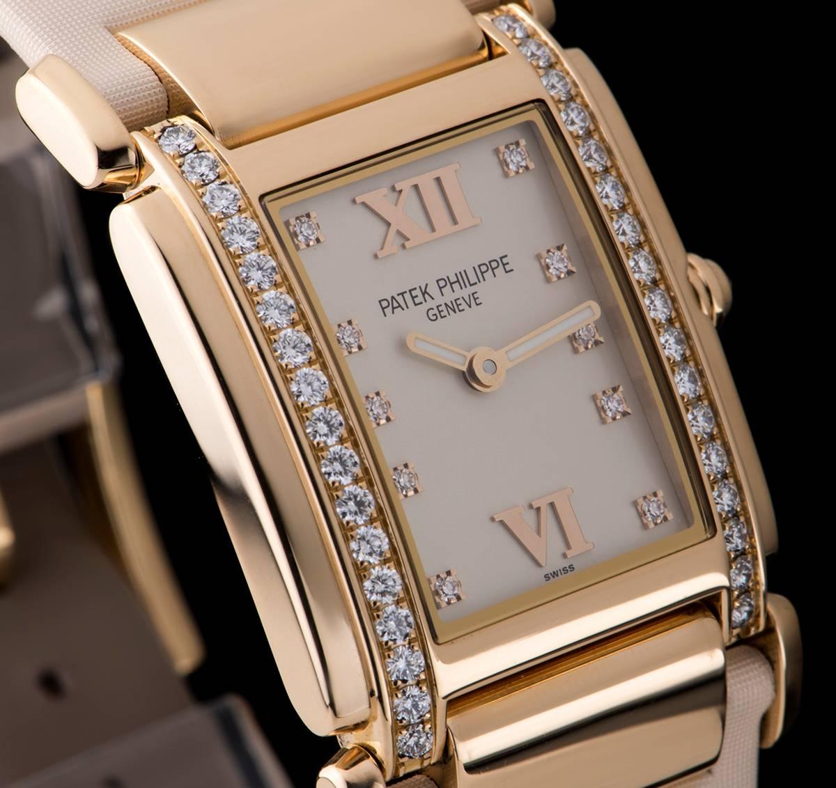 Patek Philippe Ladies Rose Gold Diamond White Dial Twenty-4 Quartz Wristwatch In Excellent Condition In London, GB