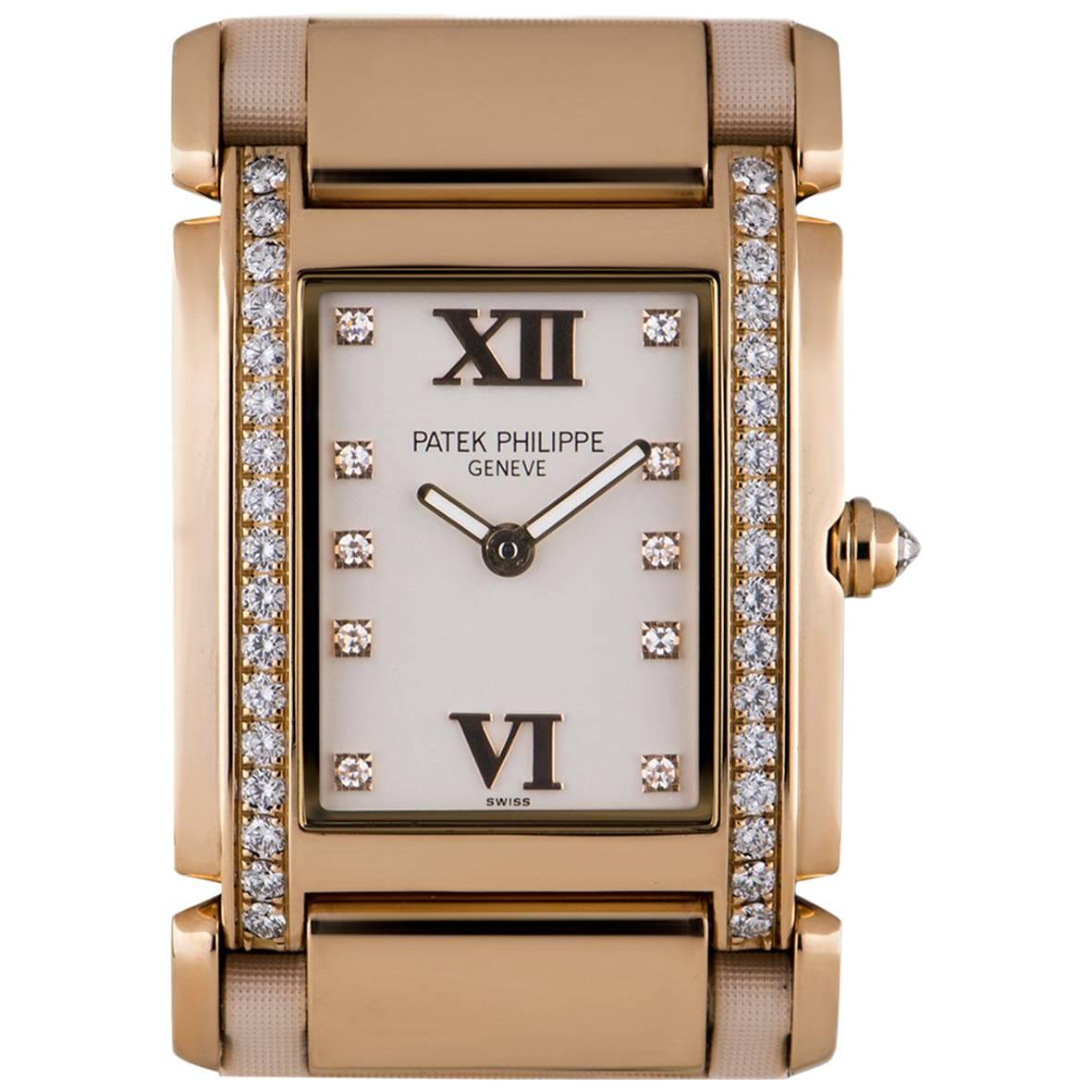 Patek Philippe Ladies Rose Gold Diamond White Dial Twenty-4 Quartz Wristwatch