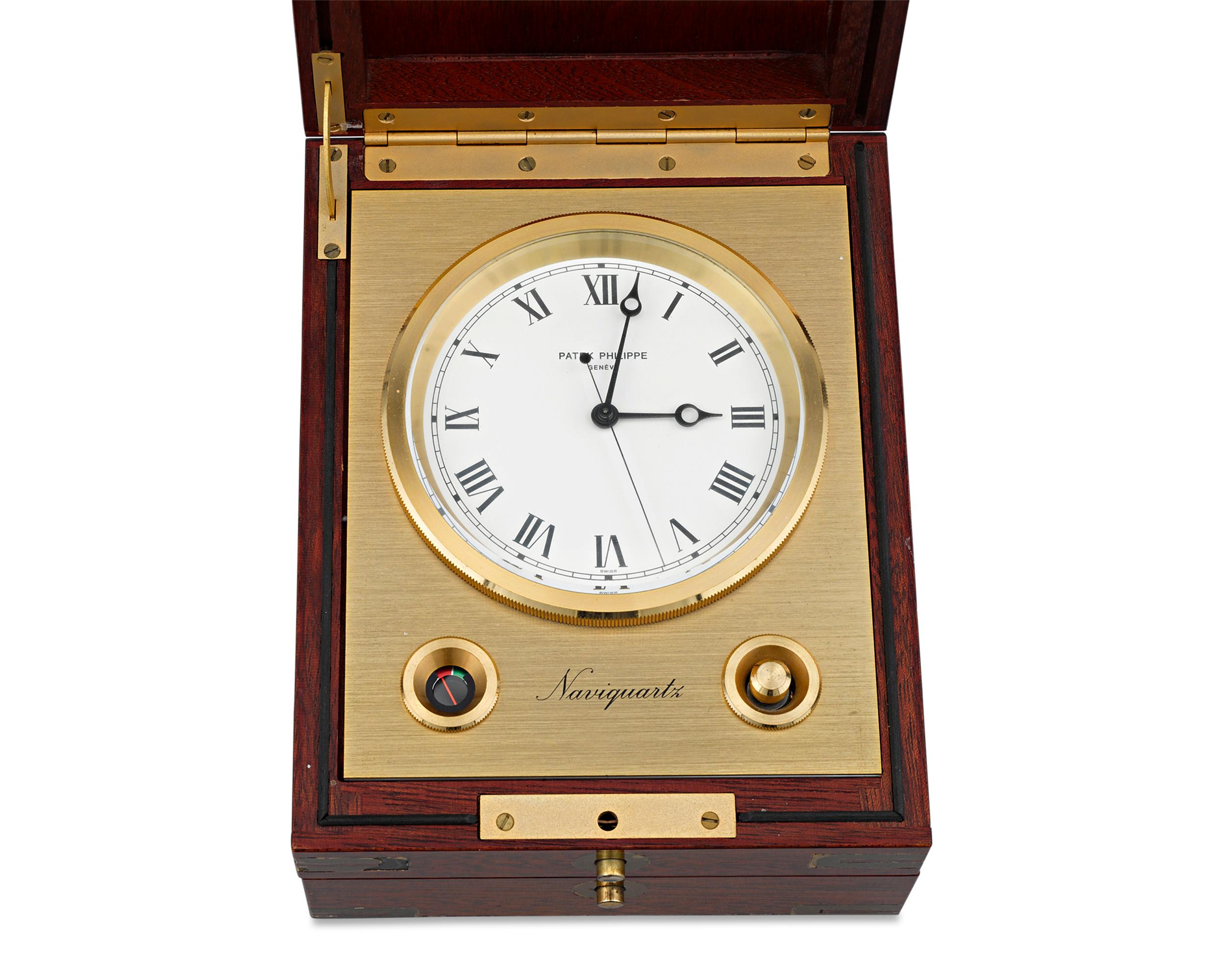 This rare Naviquartz marine chronometer table clock was crafted by the iconic Geneva watchmaking firm Patek Philippe. One of the most complex and accurate timepieces ever made, the chronometer is specially designed to be used for navigation at sea.